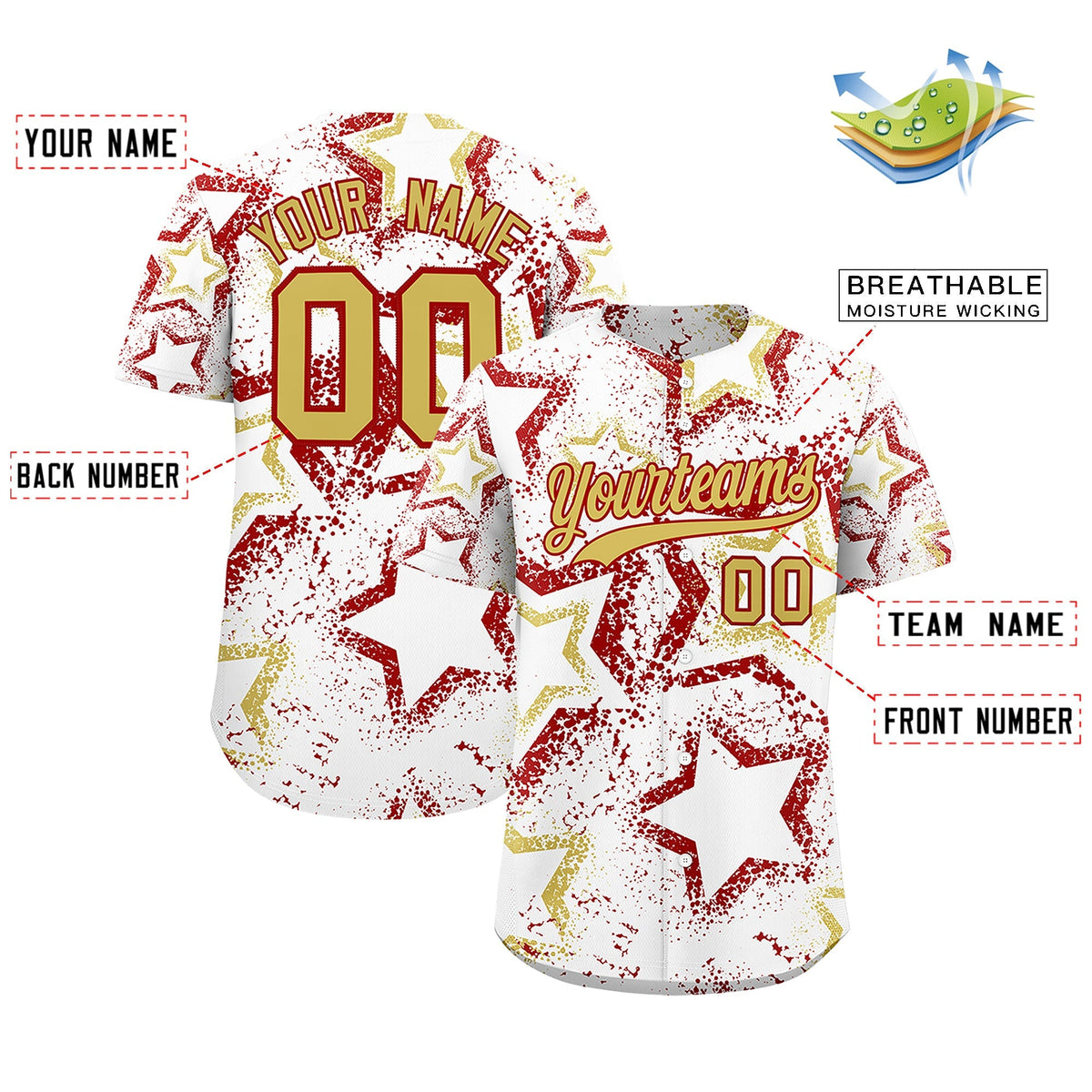 Custom White Old Gold Red Star-Shaped Ink Texture Graffiti Pattern Baseball Jersey | Sublimation Printed &amp; Stitched,Add Name and Numbern,Perfect for Parties,Perfect for Training | KXKSHOP