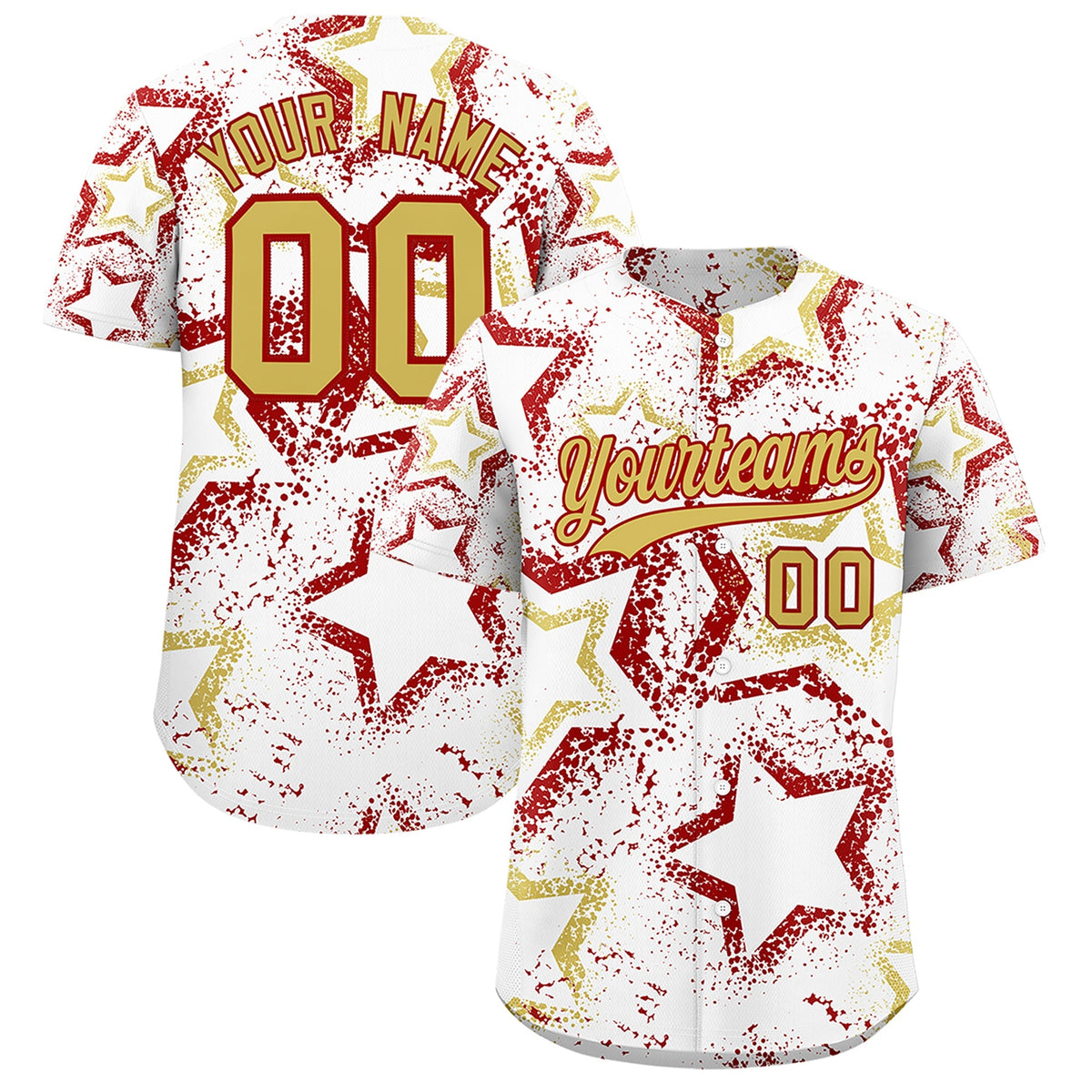 Custom White Old Gold Red Star-Shaped Ink Texture Graffiti Pattern Baseball Jersey | Sublimation Printed &amp; Stitched,Add Name and Numbern,Perfect for Parties,Perfect for Training | KXKSHOP