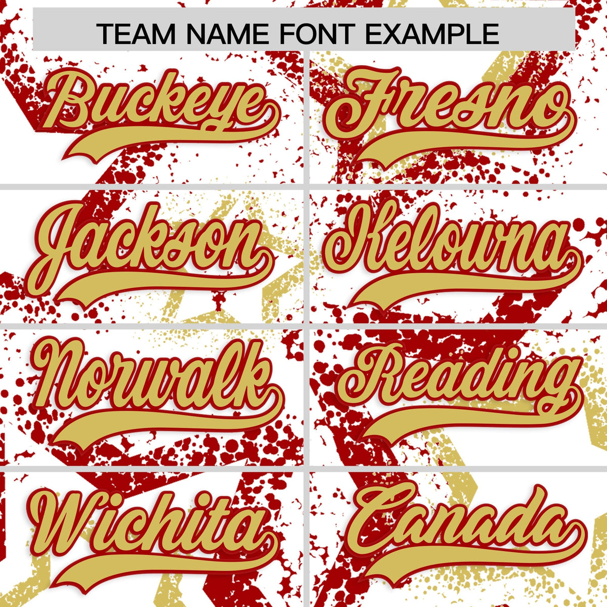 Custom White Old Gold Red Star-Shaped Ink Texture Graffiti Pattern Baseball Jersey | Sublimation Printed &amp; Stitched,Add Name and Numbern,Perfect for Parties,Perfect for Training | KXKSHOP