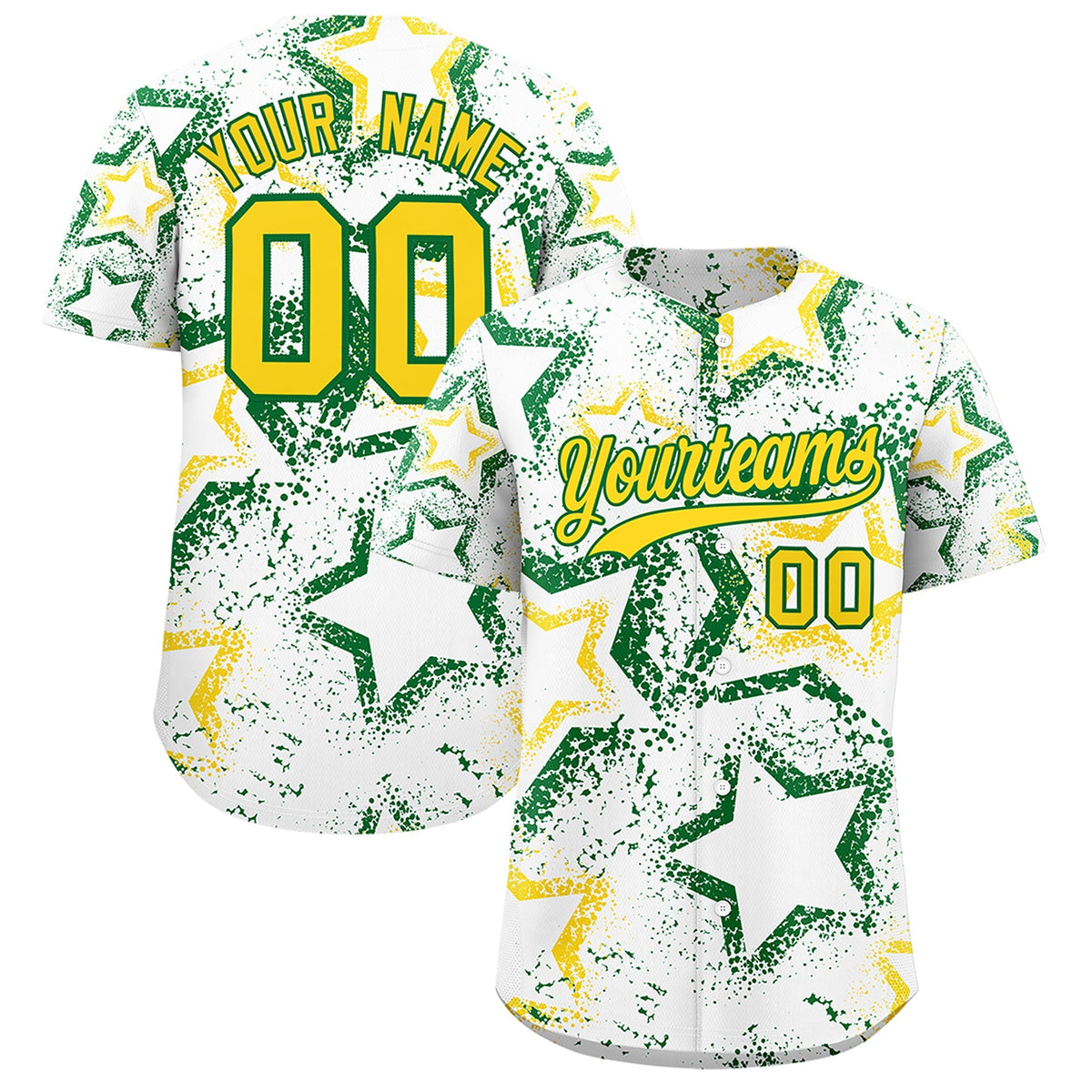 Custom White Kelly Green Gold Star-Shaped Ink Texture Graffiti Pattern Baseball Jersey | Sublimation Printed &amp; Stitched,Add Name and Numbern,Perfect for Parties,Perfect for Training | KXKSHOP