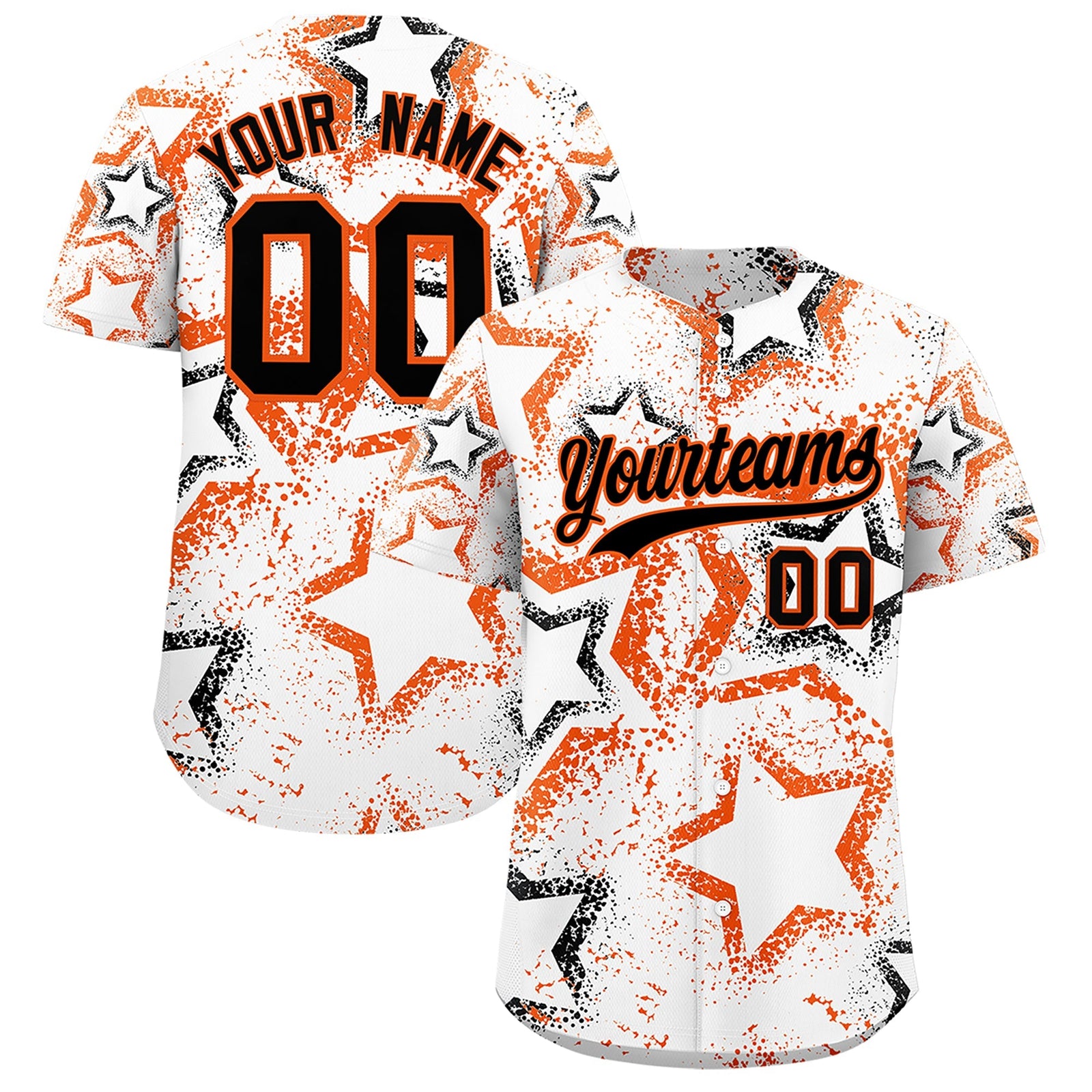Custom White Orange Black Star-Shaped Ink Texture Graffiti Pattern Baseball Jersey | Sublimation Printed & Stitched,Add Name and Numbern,Perfect for Parties,Perfect for Training | KXKSHOP