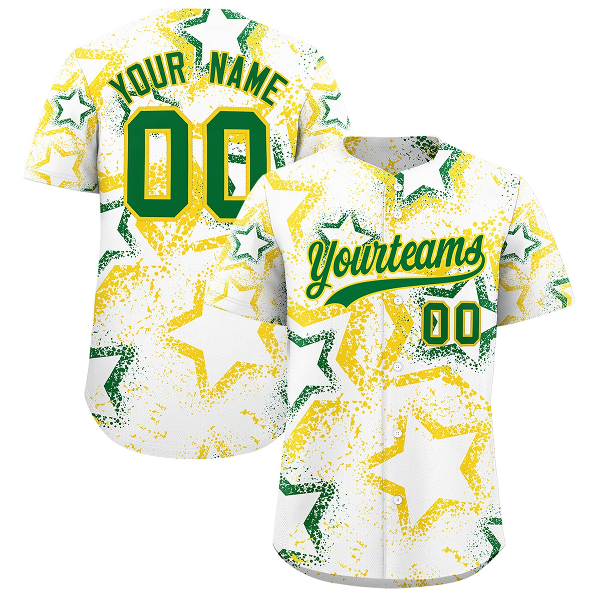 Custom White Gold Kelly Green Star-Shaped Ink Texture Graffiti Pattern Baseball Jersey | Sublimation Printed &amp; Stitched,Add Name and Numbern,Perfect for Parties,Perfect for Training | KXKSHOP