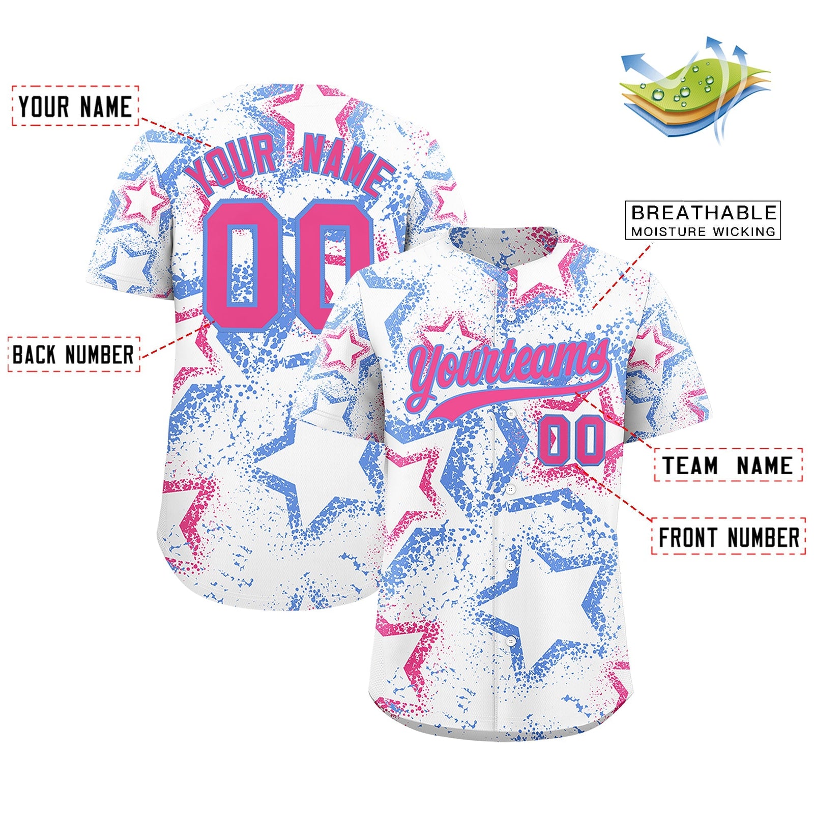 Custom White Light Blue Pink Star-Shaped Ink Texture Graffiti Pattern Baseball Jersey | Sublimation Printed & Stitched,Add Name and Numbern,Perfect for Parties,Perfect for Training | KXKSHOP