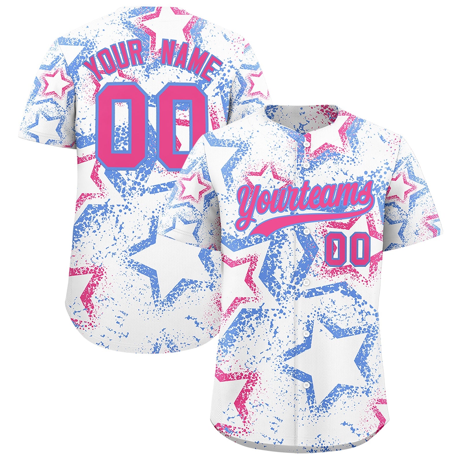 Custom White Light Blue Pink Star-Shaped Ink Texture Graffiti Pattern Baseball Jersey | Sublimation Printed & Stitched,Add Name and Numbern,Perfect for Parties,Perfect for Training | KXKSHOP