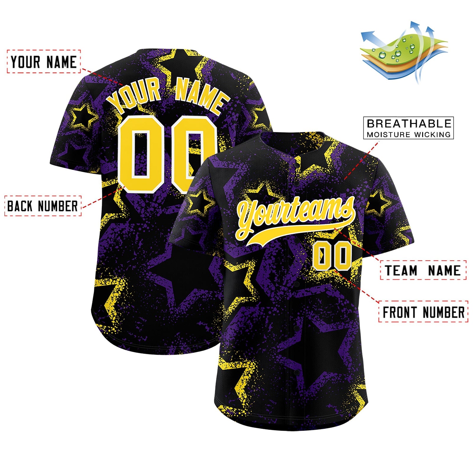 Custom Black Gold White Star-Shaped Ink Texture Graffiti Pattern Baseball Jersey | Sublimation Printed & Stitched,Add Name and Numbern,Perfect for Parties,Perfect for Training | KXKSHOP