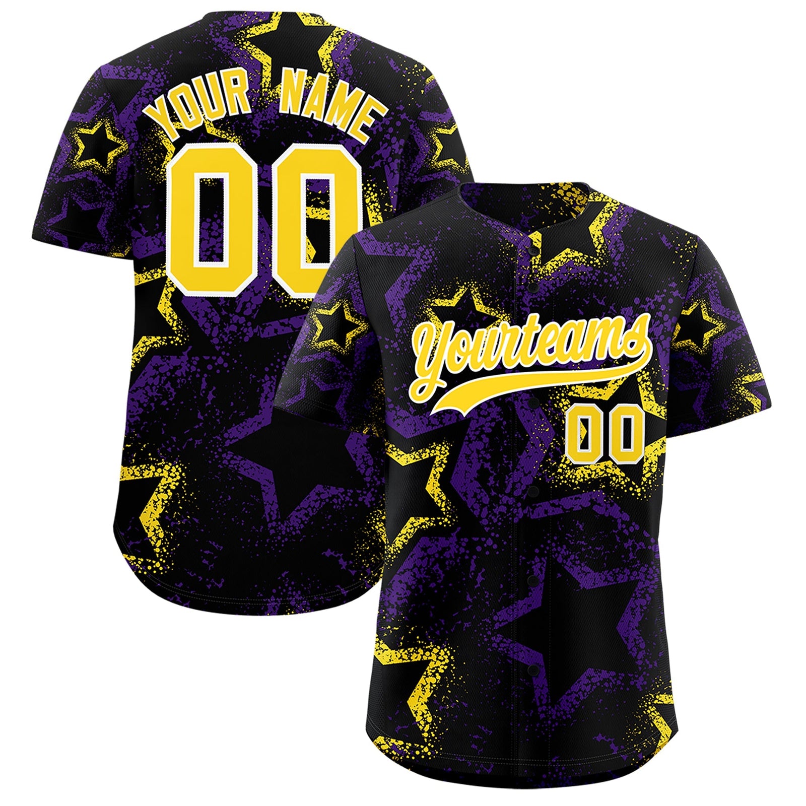 Custom Black Gold White Star-Shaped Ink Texture Graffiti Pattern Baseball Jersey | Sublimation Printed & Stitched,Add Name and Numbern,Perfect for Parties,Perfect for Training | KXKSHOP