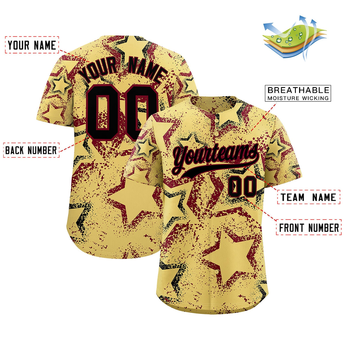 Custom Khaki Black Crimson Star-Shaped Ink Texture Graffiti Pattern Baseball Jersey | Sublimation Printed &amp; Stitched,Add Name and Numbern,Perfect for Parties,Perfect for Training | KXKSHOP