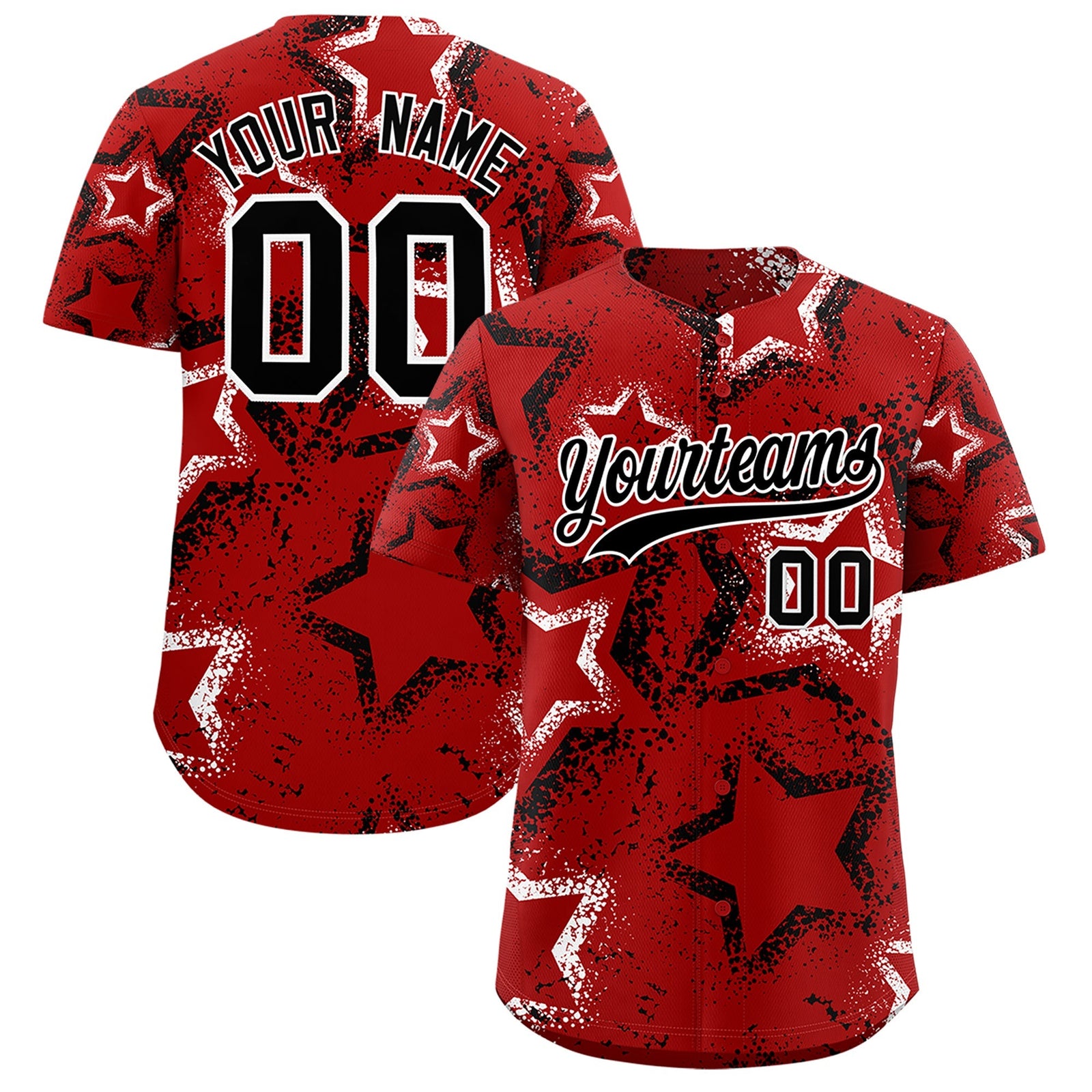 Custom Red White Black Star-Shaped Ink Texture Graffiti Pattern Baseball Jersey | Sublimation Printed & Stitched,Add Name and Numbern,Perfect for Parties,Perfect for Training | KXKSHOP