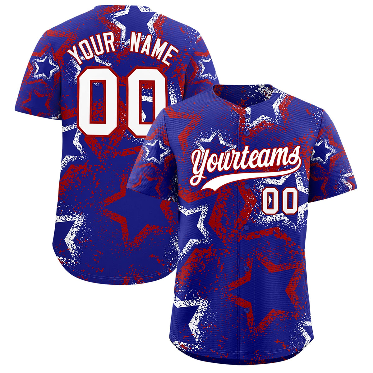 Custom Royal Blue White Red Star-Shaped Ink Texture Graffiti Pattern Baseball Jersey | Sublimation Printed &amp; Stitched,Add Name and Numbern,Perfect for Parties,Perfect for Training | KXKSHOP