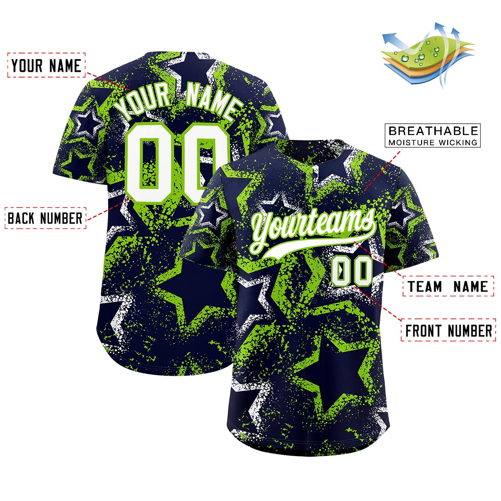Custom Navy White Neon Green Star-Shaped Ink Texture Graffiti Pattern Baseball Jersey | Sublimation Printed & Stitched,Add Name and Numbern,Perfect for Parties,Perfect for Training | KXKSHOP