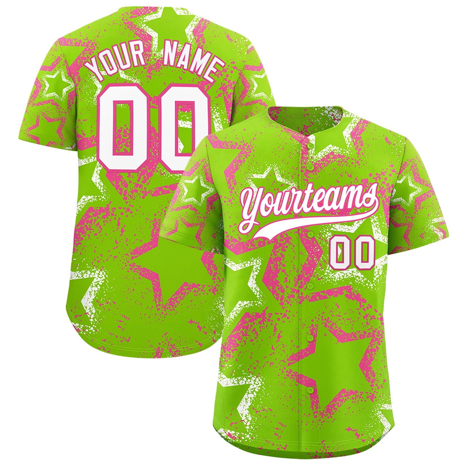 Custom Neon Green Pink White Star-Shaped Ink Texture Graffiti Pattern Baseball Jersey | Sublimation Printed & Stitched,Add Name and Numbern,Perfect for Parties,Perfect for Training | KXKSHOP