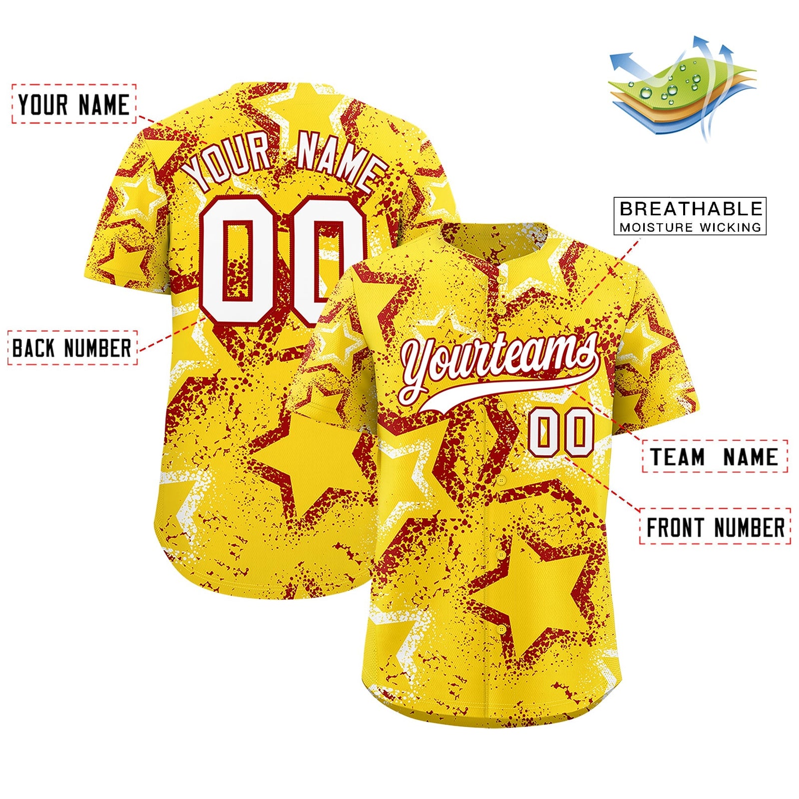Custom Gold White Red Star-Shaped Ink Texture Graffiti Pattern Baseball Jersey | Sublimation Printed & Stitched,Add Name and Numbern,Perfect for Parties,Perfect for Training | KXKSHOP