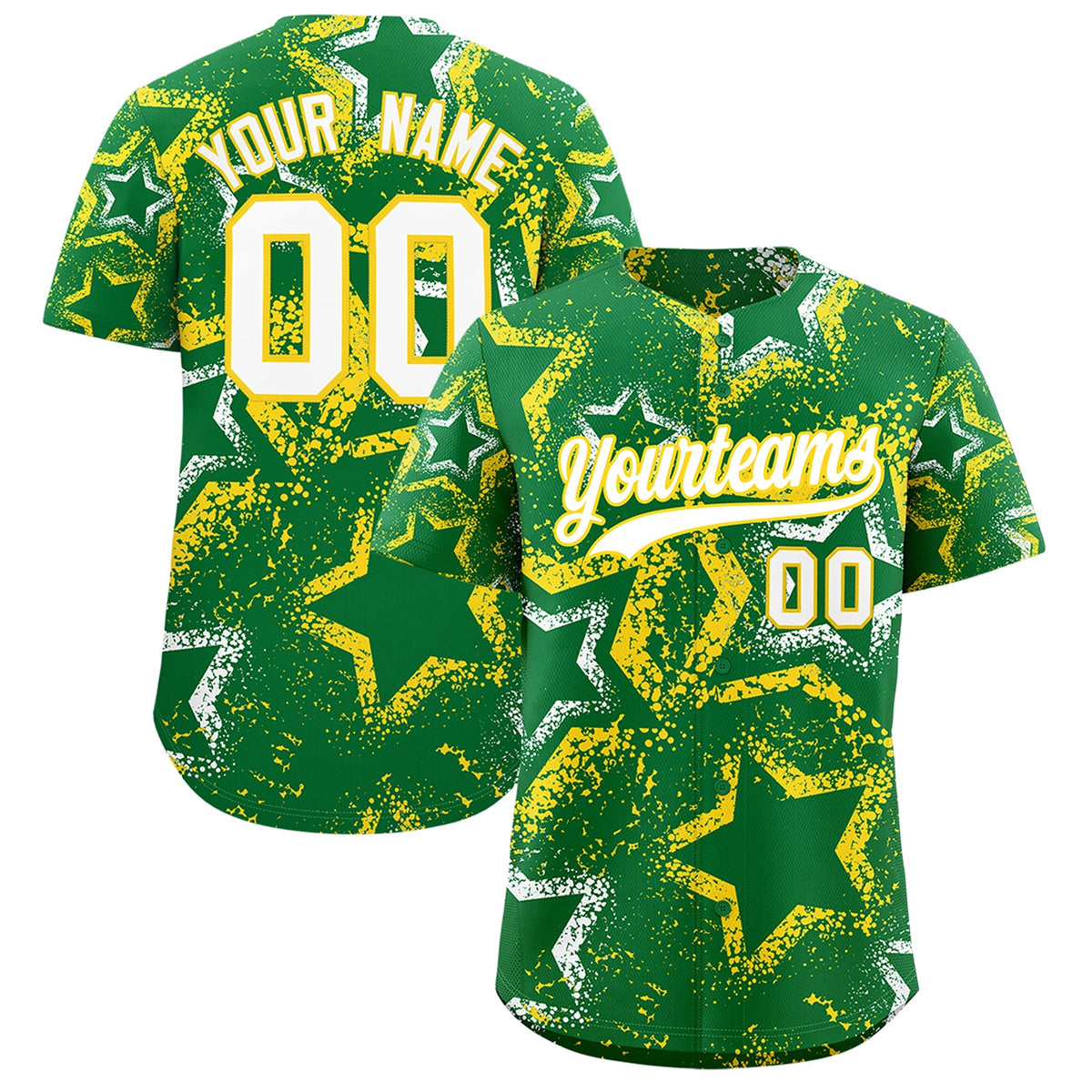 Custom Kelly Green White Gold Star-Shaped Ink Texture Graffiti Pattern Baseball Jersey | Sublimation Printed &amp; Stitched,Add Name and Numbern,Perfect for Parties,Perfect for Training | KXKSHOP