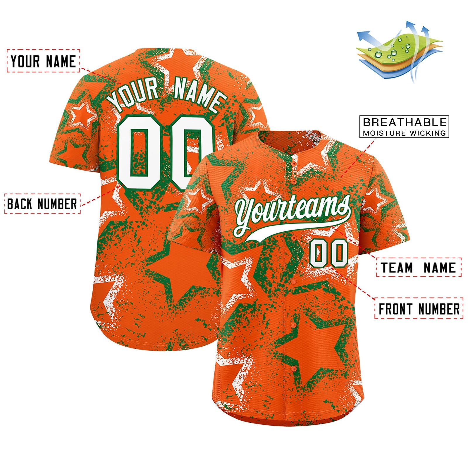 Custom Orange White Kelly Green Star-Shaped Ink Texture Graffiti Pattern Baseball Jersey | Sublimation Printed & Stitched,Add Name and Numbern,Perfect for Parties,Perfect for Training | KXKSHOP
