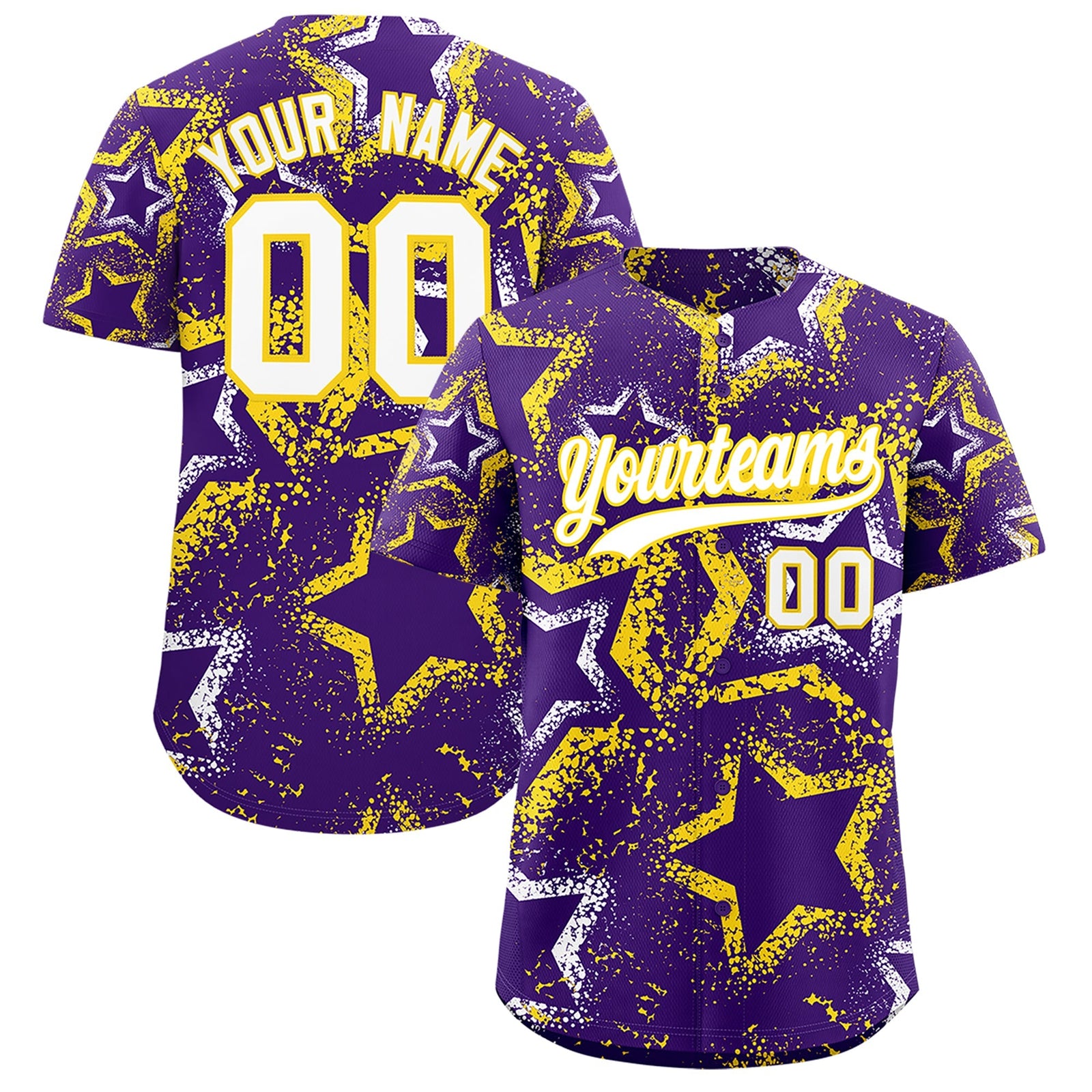 Custom Purple White Gold Star-Shaped Ink Texture Graffiti Pattern Baseball Jersey | Sublimation Printed & Stitched,Add Name and Numbern,Perfect for Parties,Perfect for Training | KXKSHOP