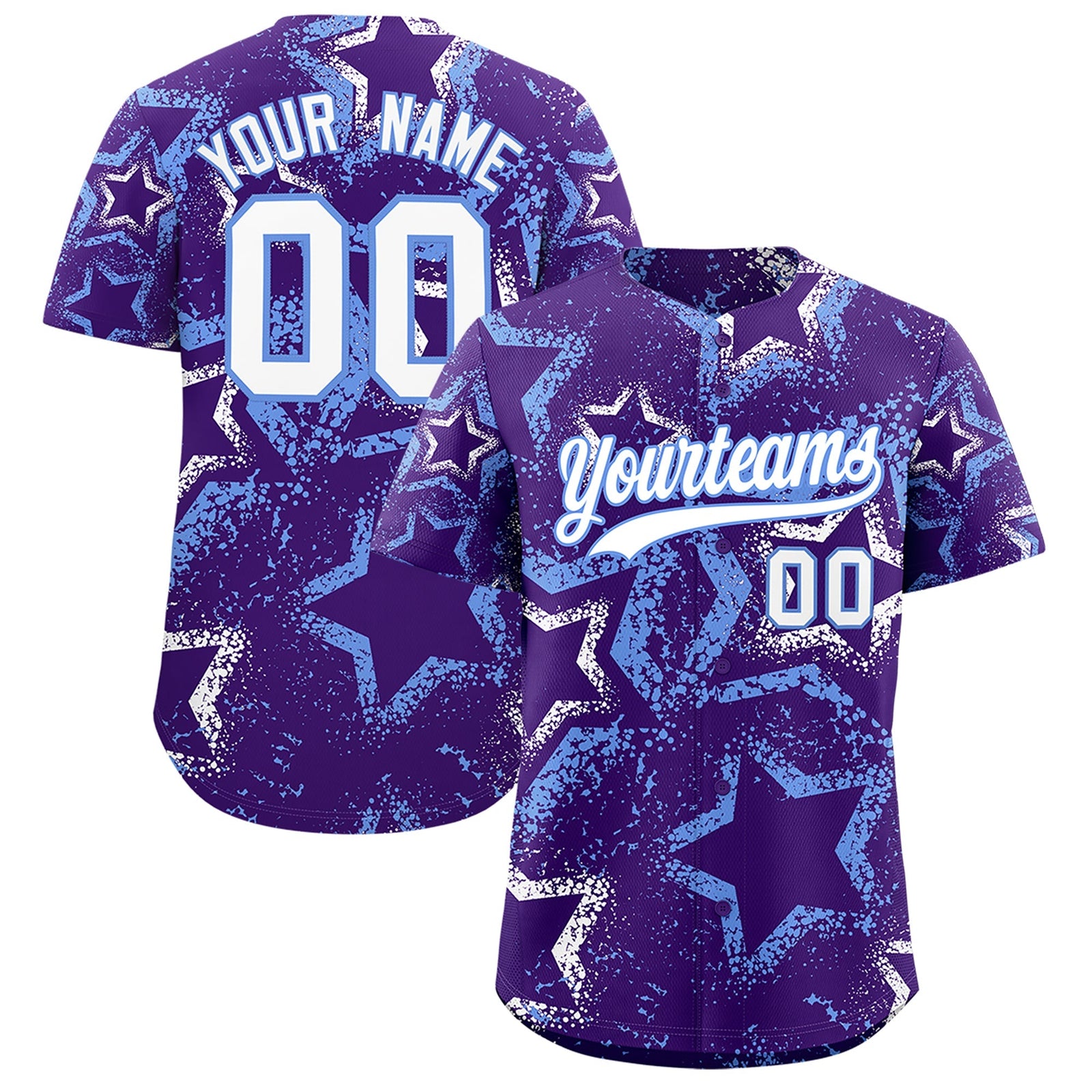Custom Purple White Light Blue Star-Shaped Ink Texture Graffiti Pattern Baseball Jersey | Sublimation Printed & Stitched,Add Name and Numbern,Perfect for Parties,Perfect for Training | KXKSHOP