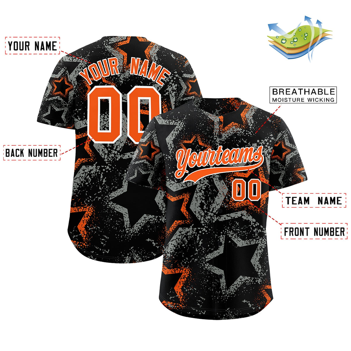 Custom Black Orange White Star-Shaped Ink Texture Graffiti Pattern Baseball Jersey | Sublimation Printed &amp; Stitched,Add Name and Numbern,Perfect for Parties,Perfect for Training | KXKSHOP