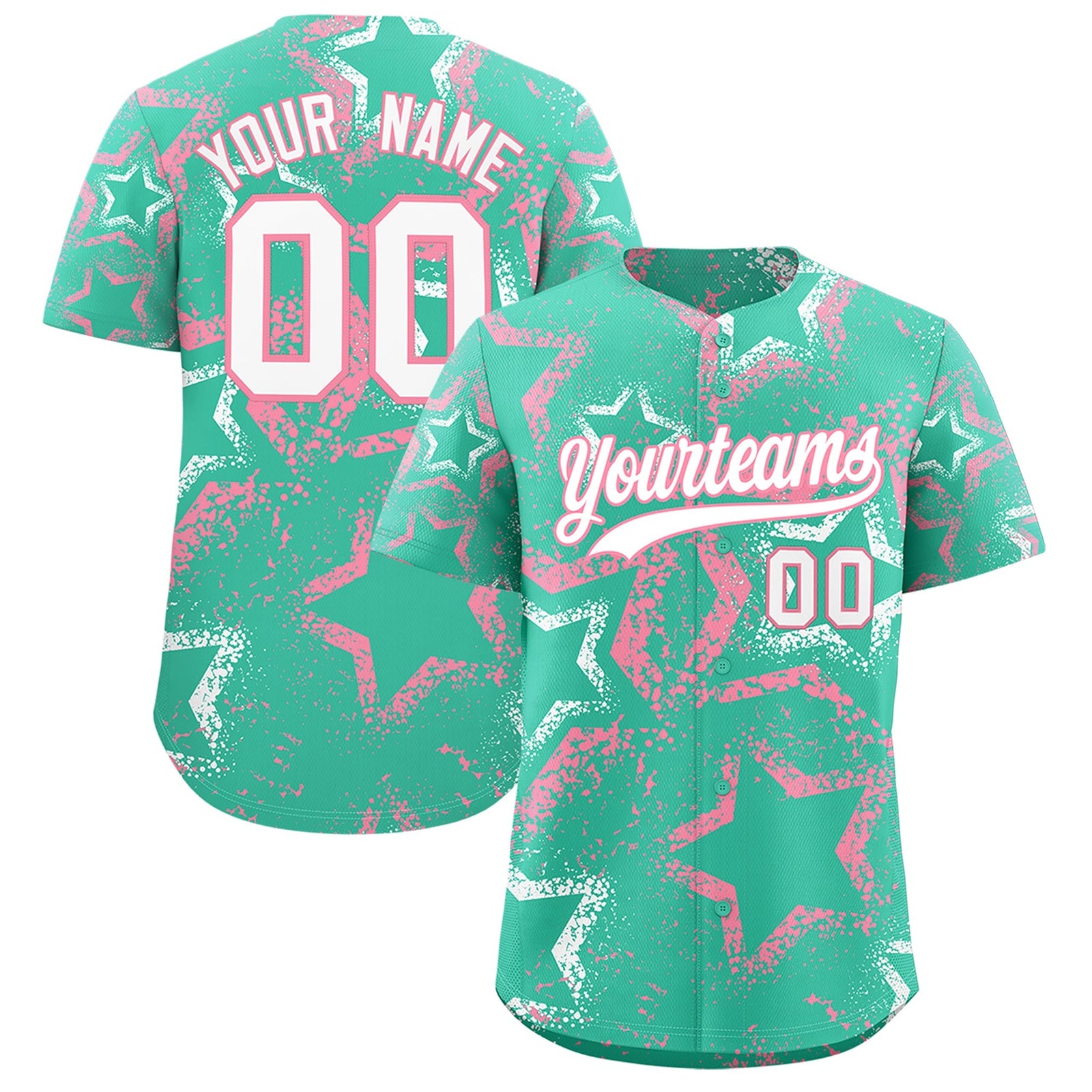 Custom Bright Green White Light Pink Star-Shaped Ink Texture Graffiti Pattern Baseball Jersey | Sublimation Printed & Stitched,Add Name and Numbern,Perfect for Parties,Perfect for Training | KXKSHOP