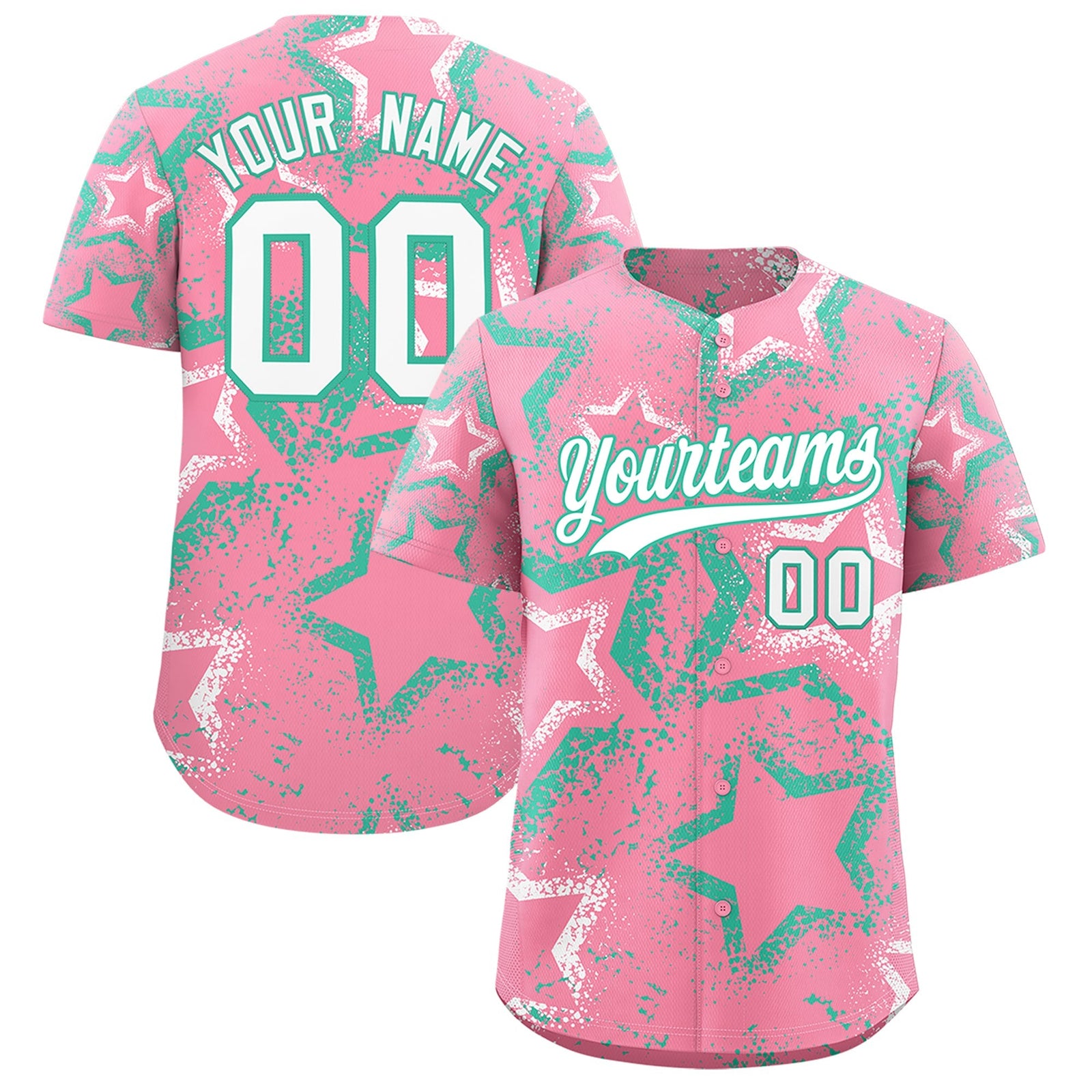 Custom Light Pink White Bright Green Star-Shaped Ink Texture Graffiti Pattern Baseball Jersey | Sublimation Printed & Stitched,Add Name and Numbern,Perfect for Parties,Perfect for Training | KXKSHOP