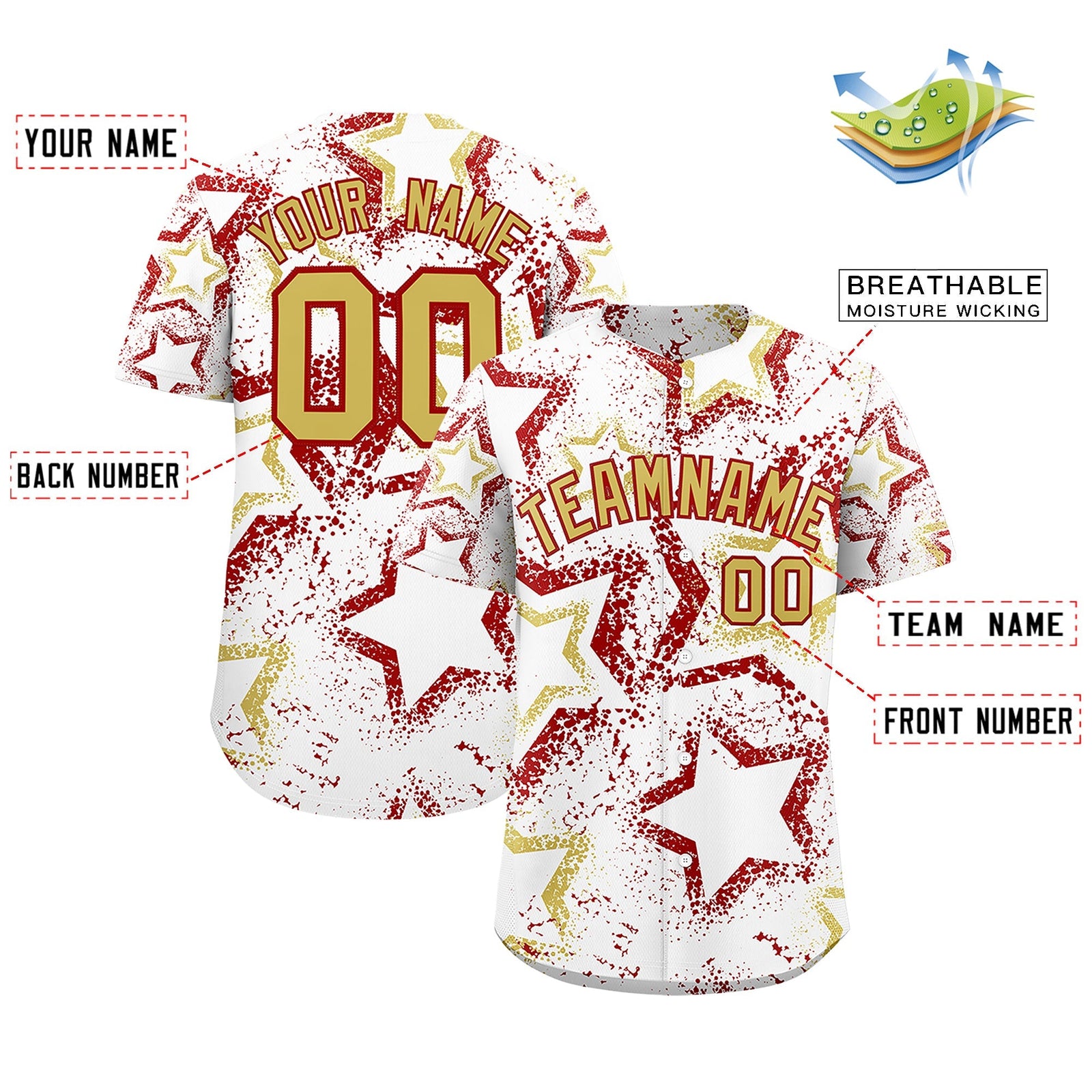Custom White Old Gold Red Star-Shaped Ink Texture Graffiti Pattern Baseball Jersey | Sublimation Printed & Stitched,Add Name and Numbern,Perfect for Parties,Perfect for Training | KXKSHOP
