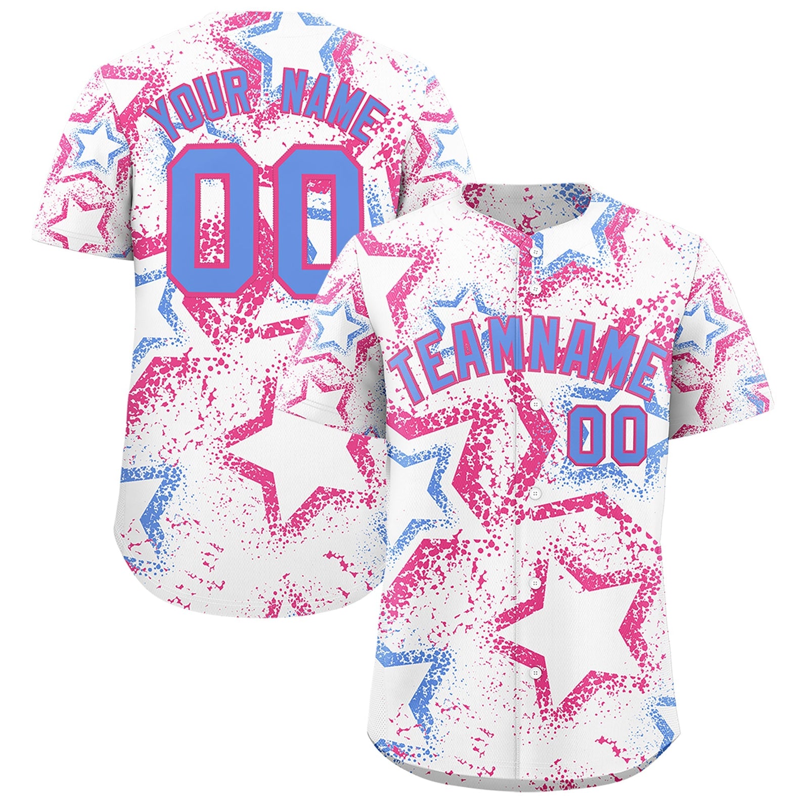 Custom White Pink Light Blue Star-Shaped Ink Texture Graffiti Pattern Baseball Jersey | Sublimation Printed & Stitched,Add Name and Numbern,Perfect for Parties,Perfect for Training | KXKSHOP