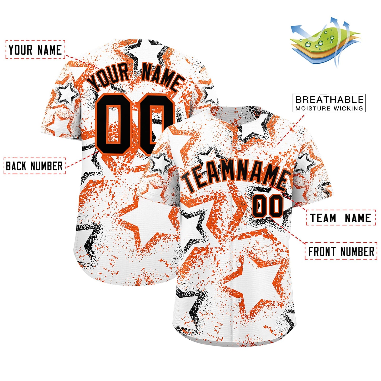 Custom White Orange Black Star-Shaped Ink Texture Graffiti Pattern Baseball Jersey | Sublimation Printed & Stitched,Add Name and Numbern,Perfect for Parties,Perfect for Training | KXKSHOP