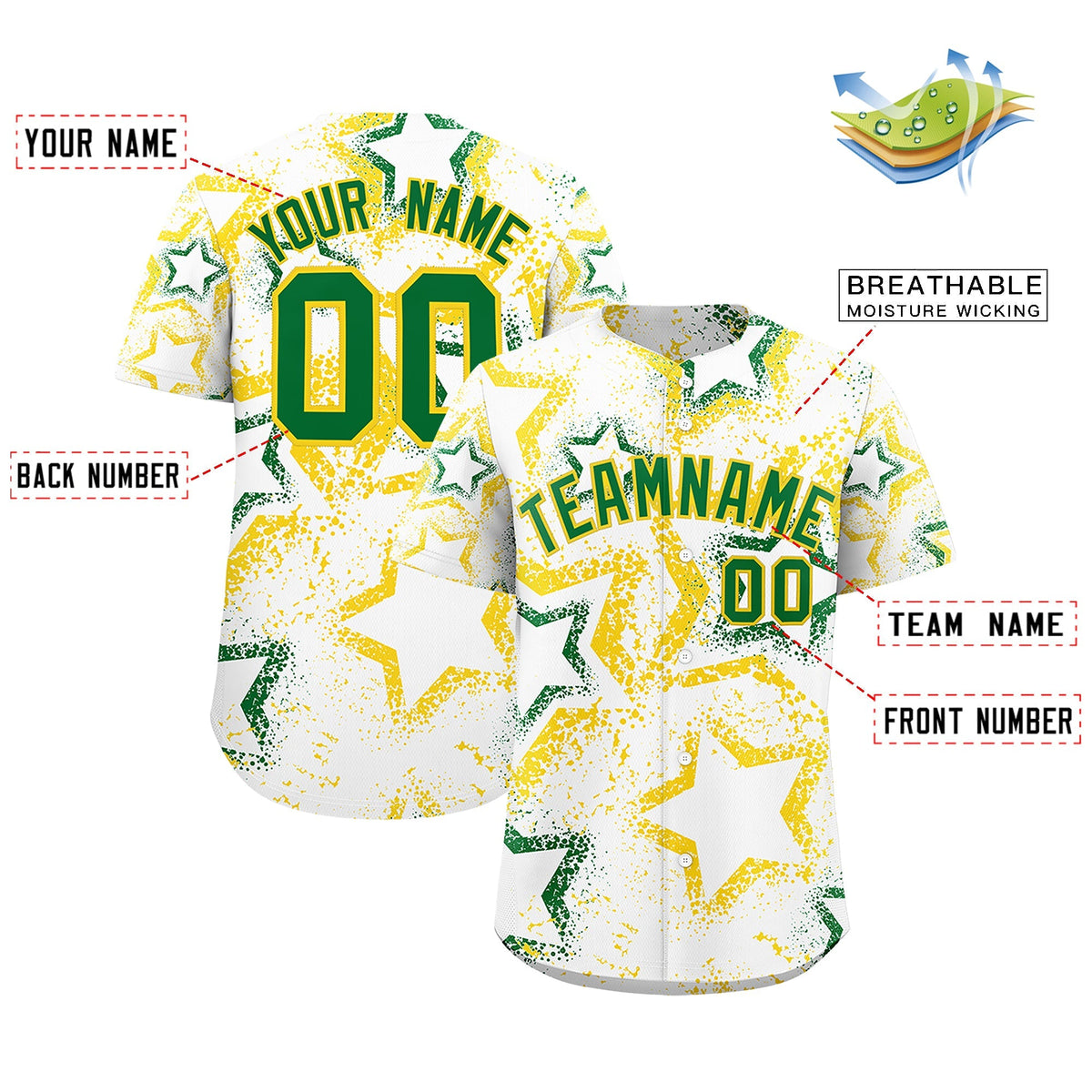 Custom White Gold Kelly Green Star-Shaped Ink Texture Graffiti Pattern Baseball Jersey | Sublimation Printed &amp; Stitched,Add Name and Numbern,Perfect for Parties,Perfect for Training | KXKSHOP