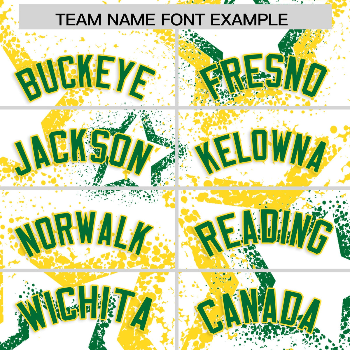 Custom White Gold Kelly Green Star-Shaped Ink Texture Graffiti Pattern Baseball Jersey | Sublimation Printed &amp; Stitched,Add Name and Numbern,Perfect for Parties,Perfect for Training | KXKSHOP