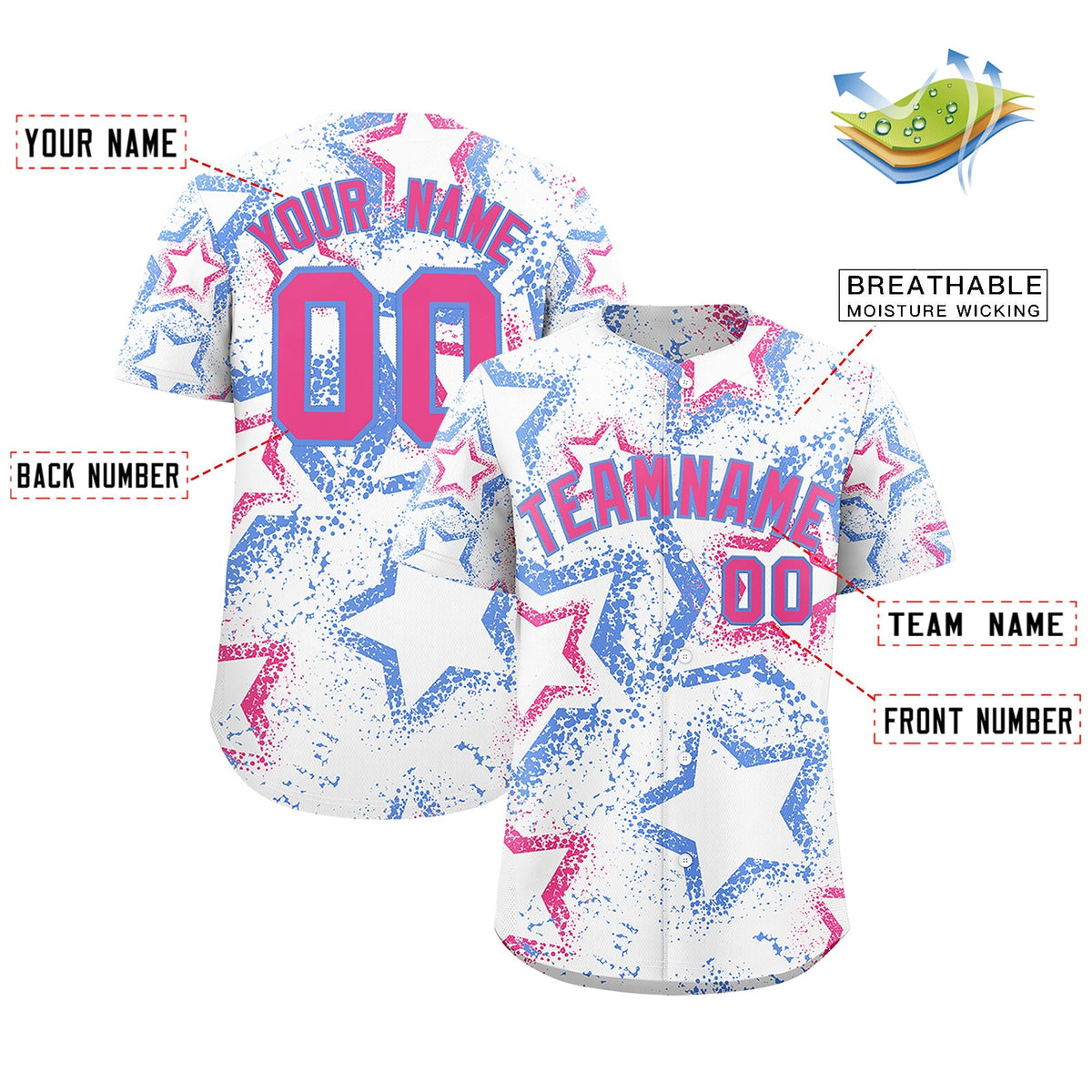 Custom White Light Blue Pink Star-Shaped Ink Texture Graffiti Pattern Baseball Jersey | Sublimation Printed &amp; Stitched,Add Name and Numbern,Perfect for Parties,Perfect for Training | KXKSHOP