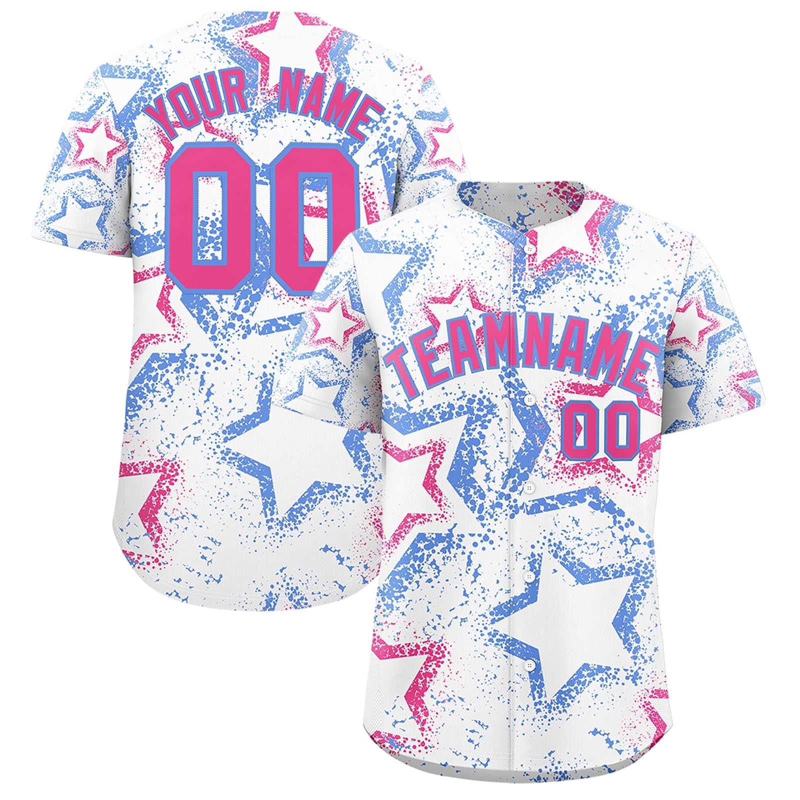 Custom White Light Blue Pink Star-Shaped Ink Texture Graffiti Pattern Baseball Jersey | Sublimation Printed & Stitched,Add Name and Numbern,Perfect for Parties,Perfect for Training | KXKSHOP