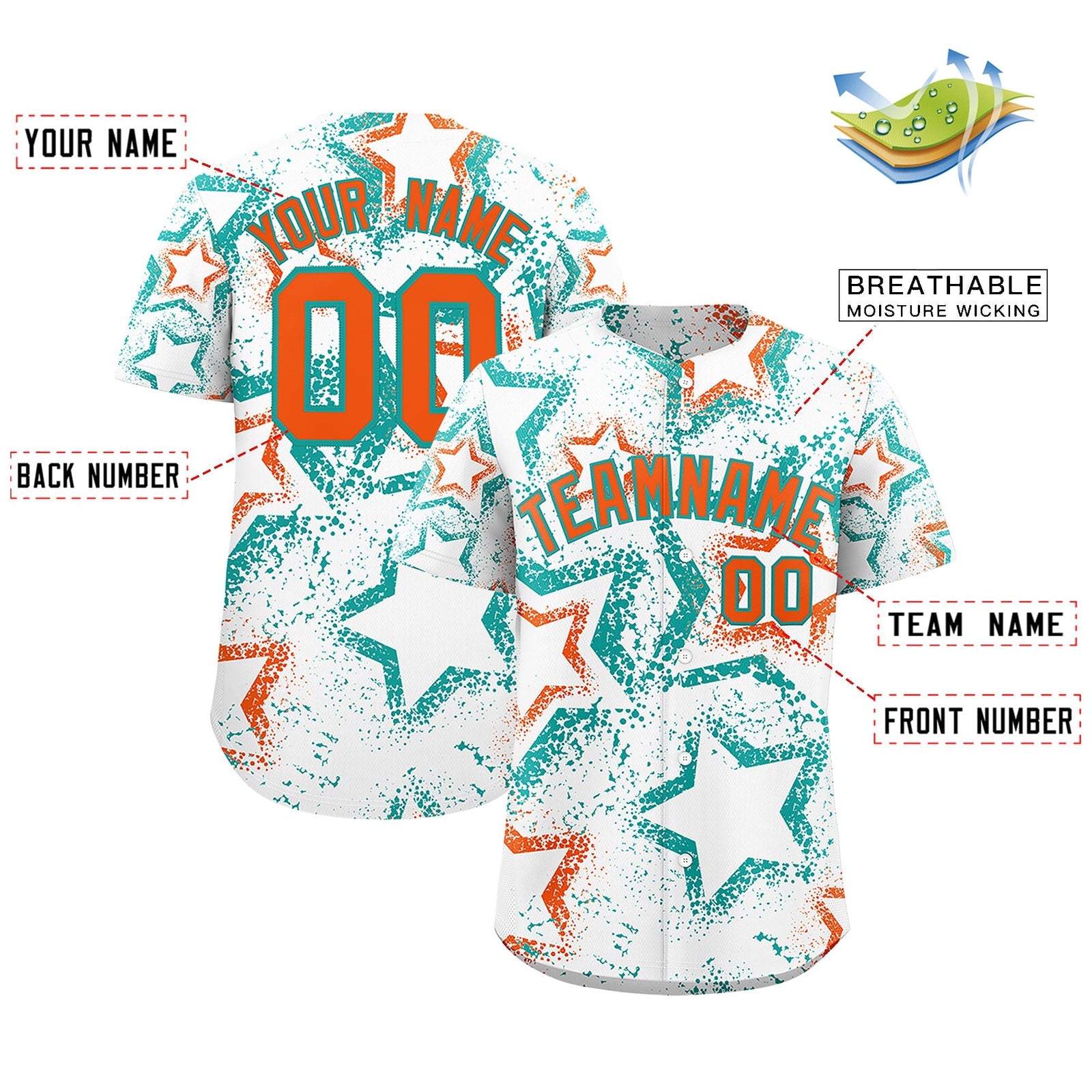Custom White Aqua Orange Star-Shaped Ink Texture Graffiti Pattern Baseball Jersey | Sublimation Printed & Stitched,Add Name and Numbern,Perfect for Parties,Perfect for Training | KXKSHOP