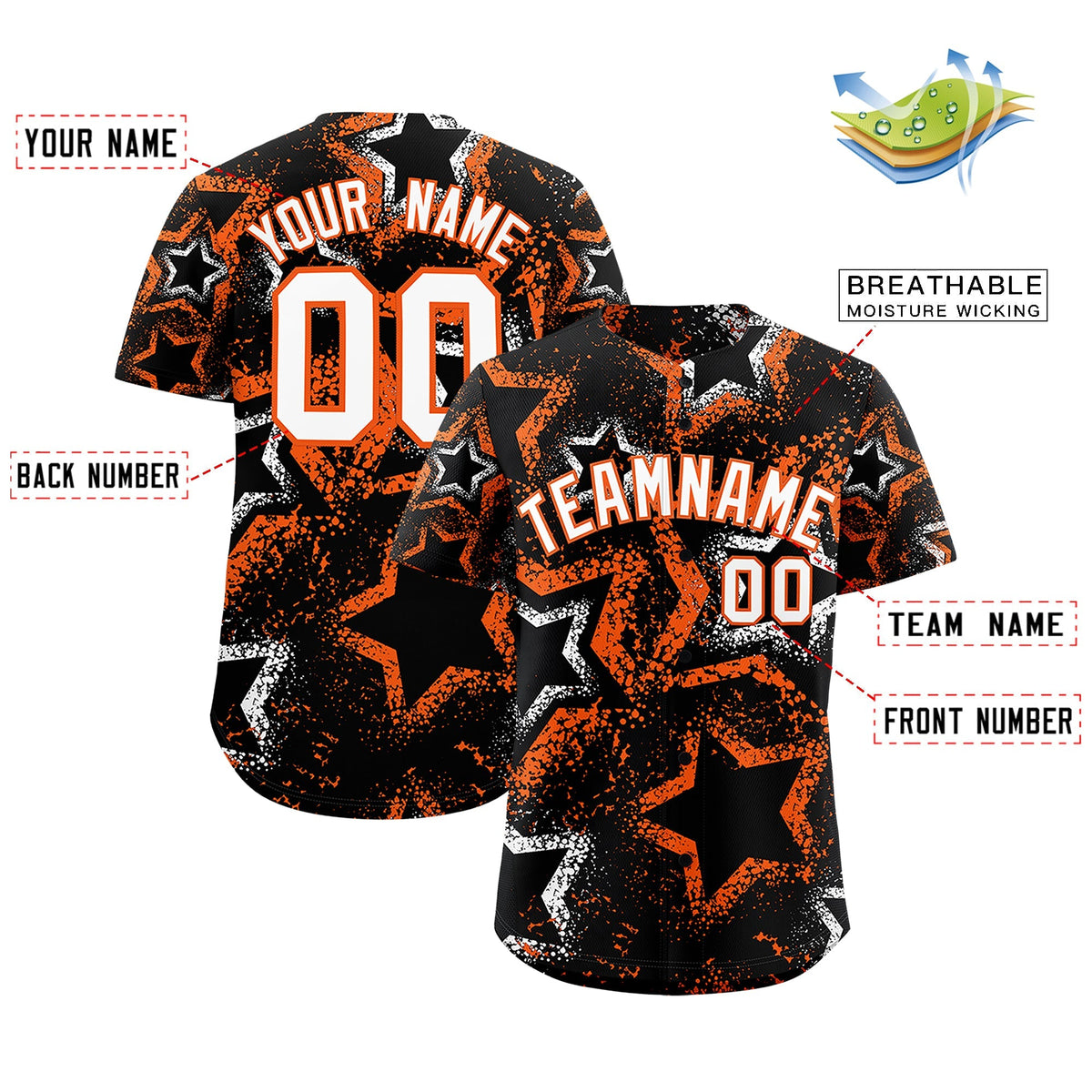 Custom Black White Orange Star-Shaped Ink Texture Graffiti Pattern Baseball Jersey | Sublimation Printed &amp; Stitched,Add Name and Numbern,Perfect for Parties,Perfect for Training | KXKSHOP