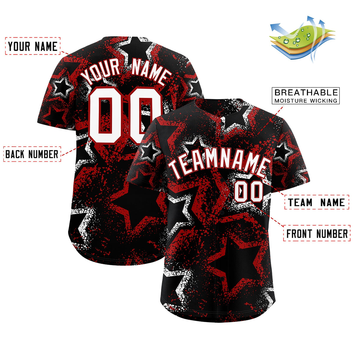Custom Black White Red Star-Shaped Ink Texture Graffiti Pattern Baseball Jersey | Sublimation Printed & Stitched,Add Name and Numbern,Perfect for Parties,Perfect for Training | KXKSHOP