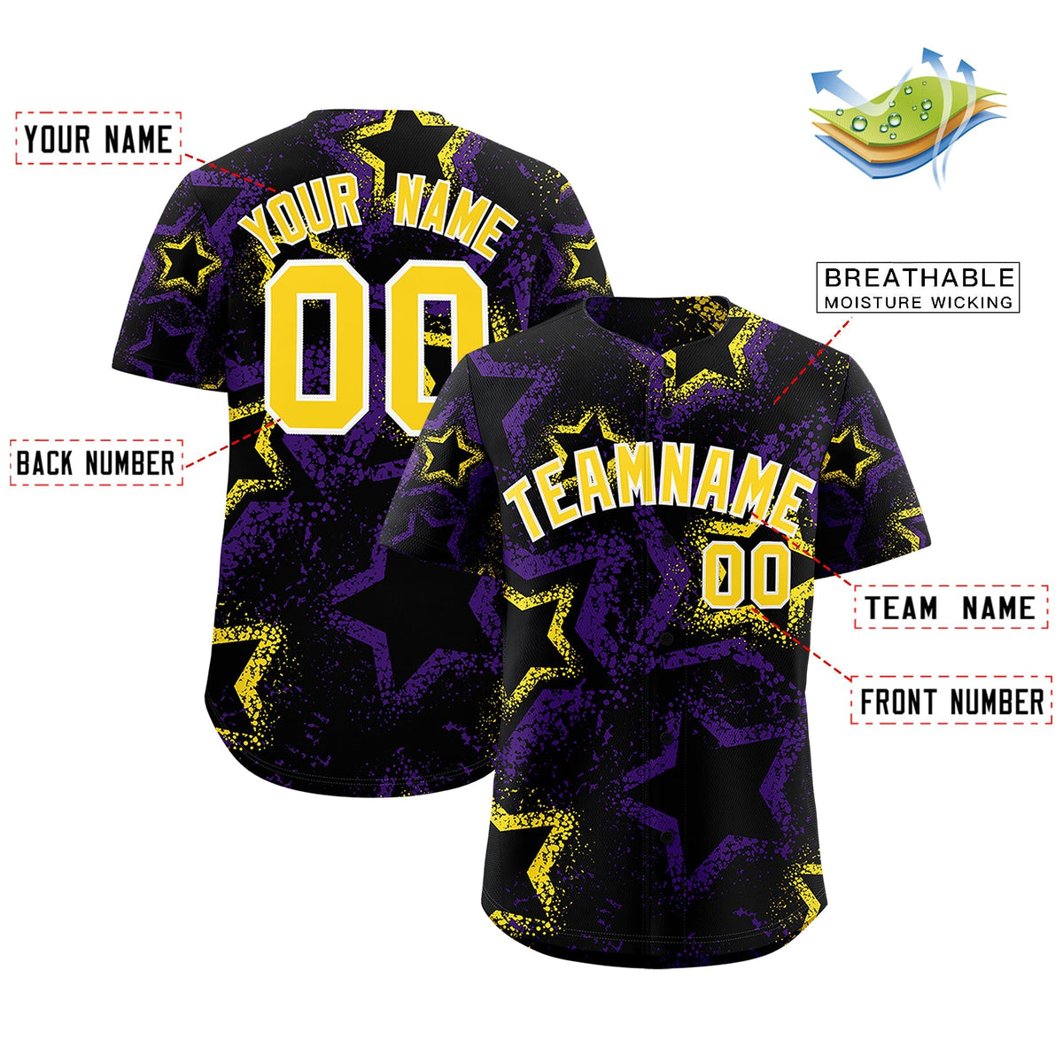 Custom Black Gold White Star-Shaped Ink Texture Graffiti Pattern Baseball Jersey | Sublimation Printed &amp; Stitched,Add Name and Numbern,Perfect for Parties,Perfect for Training | KXKSHOP