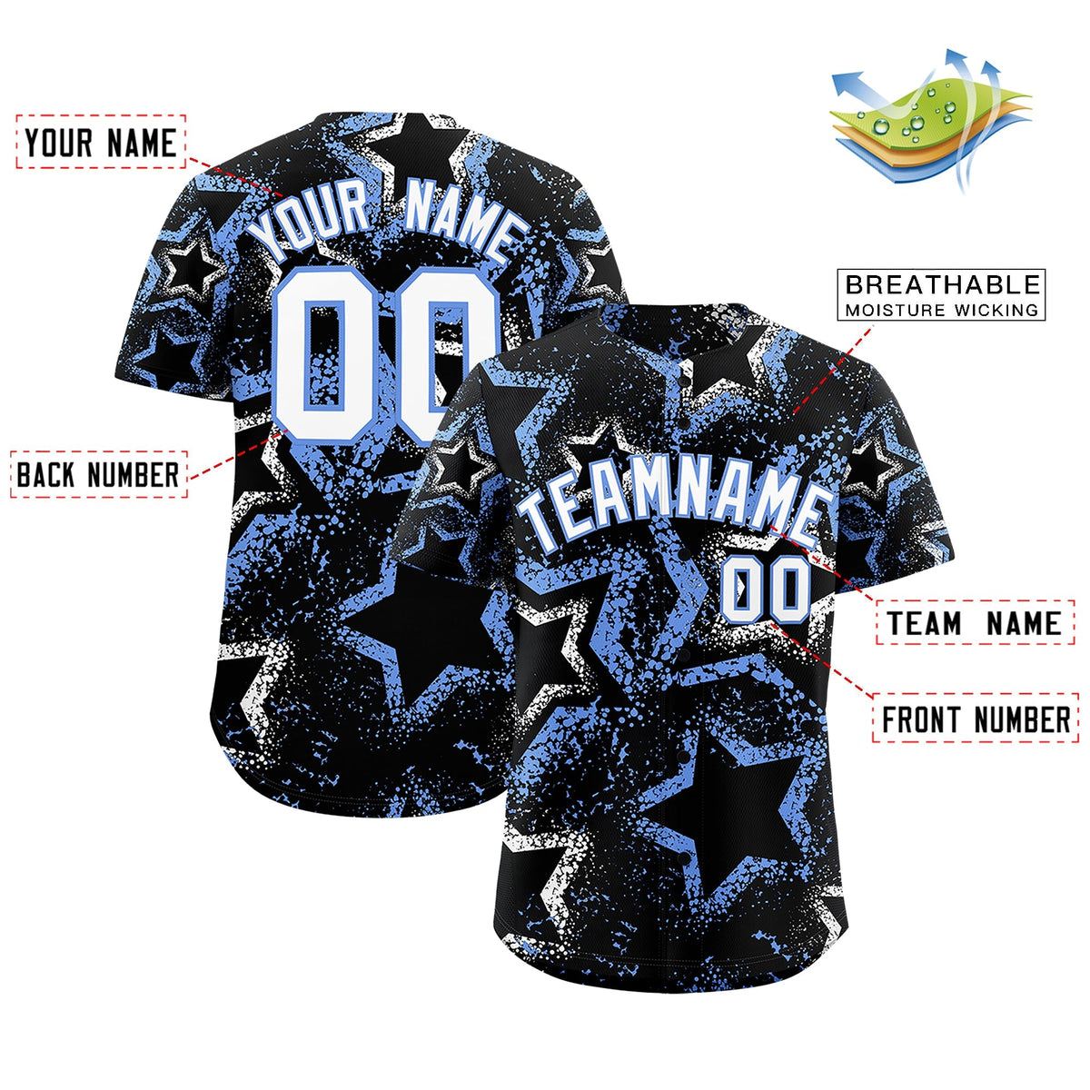 Custom Black White Light Blue Star-Shaped Ink Texture Graffiti Pattern Baseball Jersey | Sublimation Printed &amp; Stitched,Add Name and Numbern,Perfect for Parties,Perfect for Training | KXKSHOP