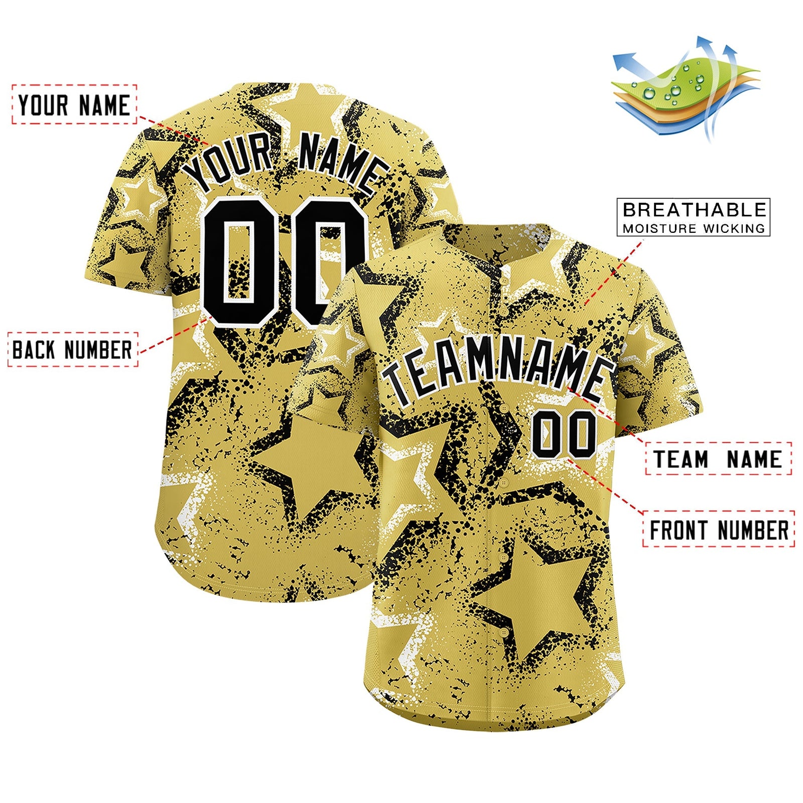 Custom Old Gold White Black Star-Shaped Ink Texture Graffiti Pattern Baseball Jersey | Sublimation Printed & Stitched,Add Name and Numbern,Perfect for Parties,Perfect for Training | KXKSHOP