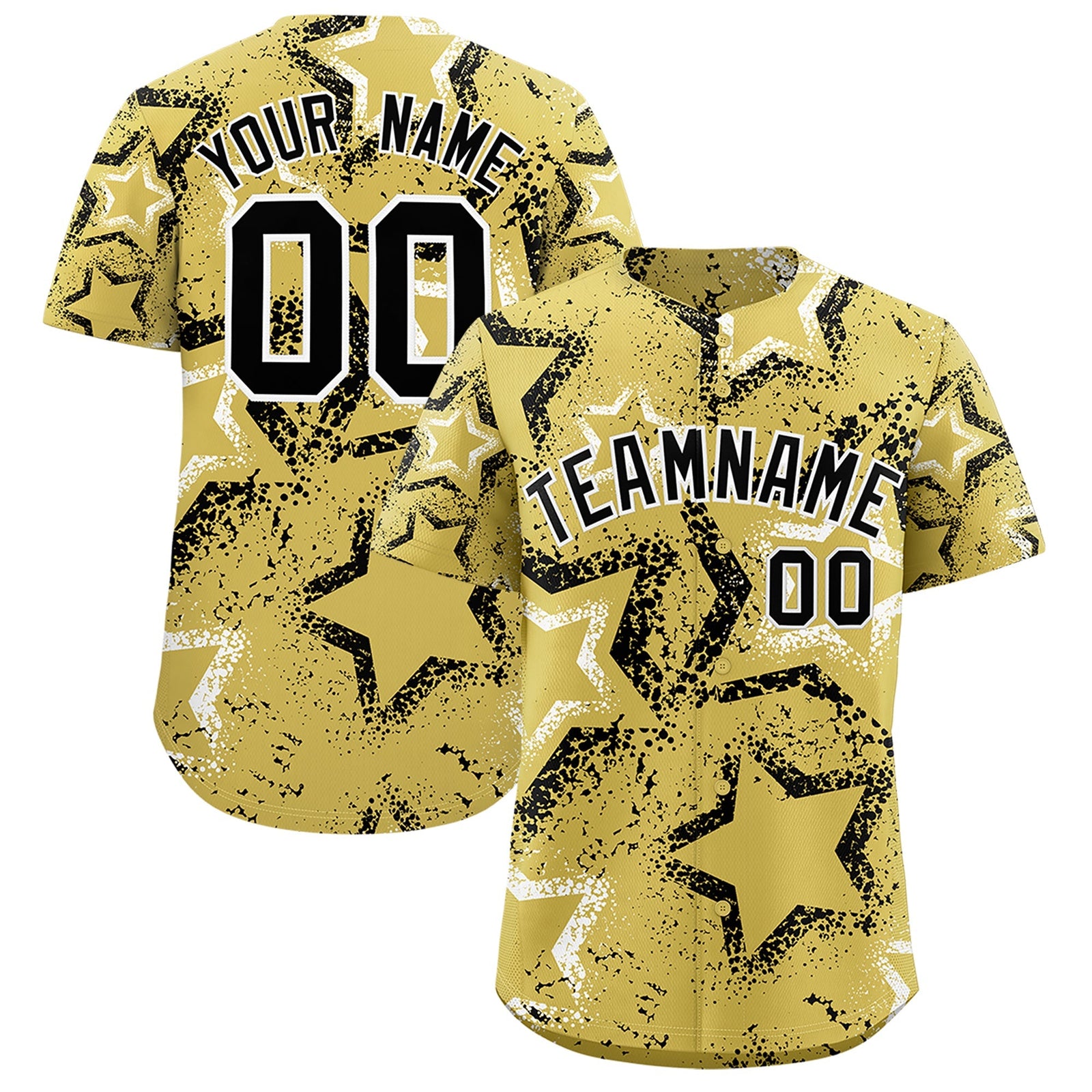 Custom Old Gold White Black Star-Shaped Ink Texture Graffiti Pattern Baseball Jersey | Sublimation Printed & Stitched,Add Name and Numbern,Perfect for Parties,Perfect for Training | KXKSHOP