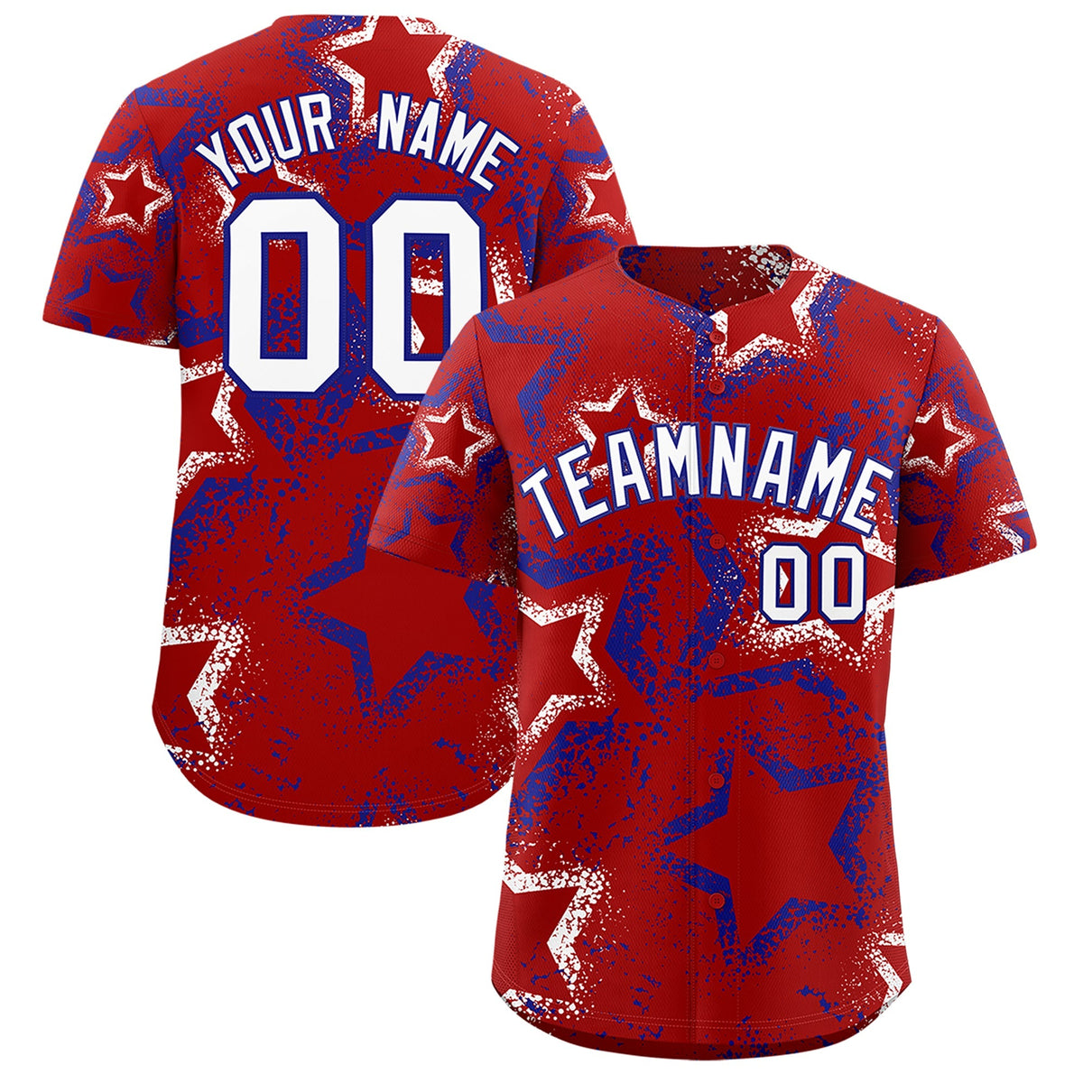 Custom Red White Royal Blue Star-Shaped Ink Texture Graffiti Pattern Baseball Jersey | Sublimation Printed & Stitched,Add Name and Numbern,Perfect for Parties,Perfect for Training | KXKSHOP