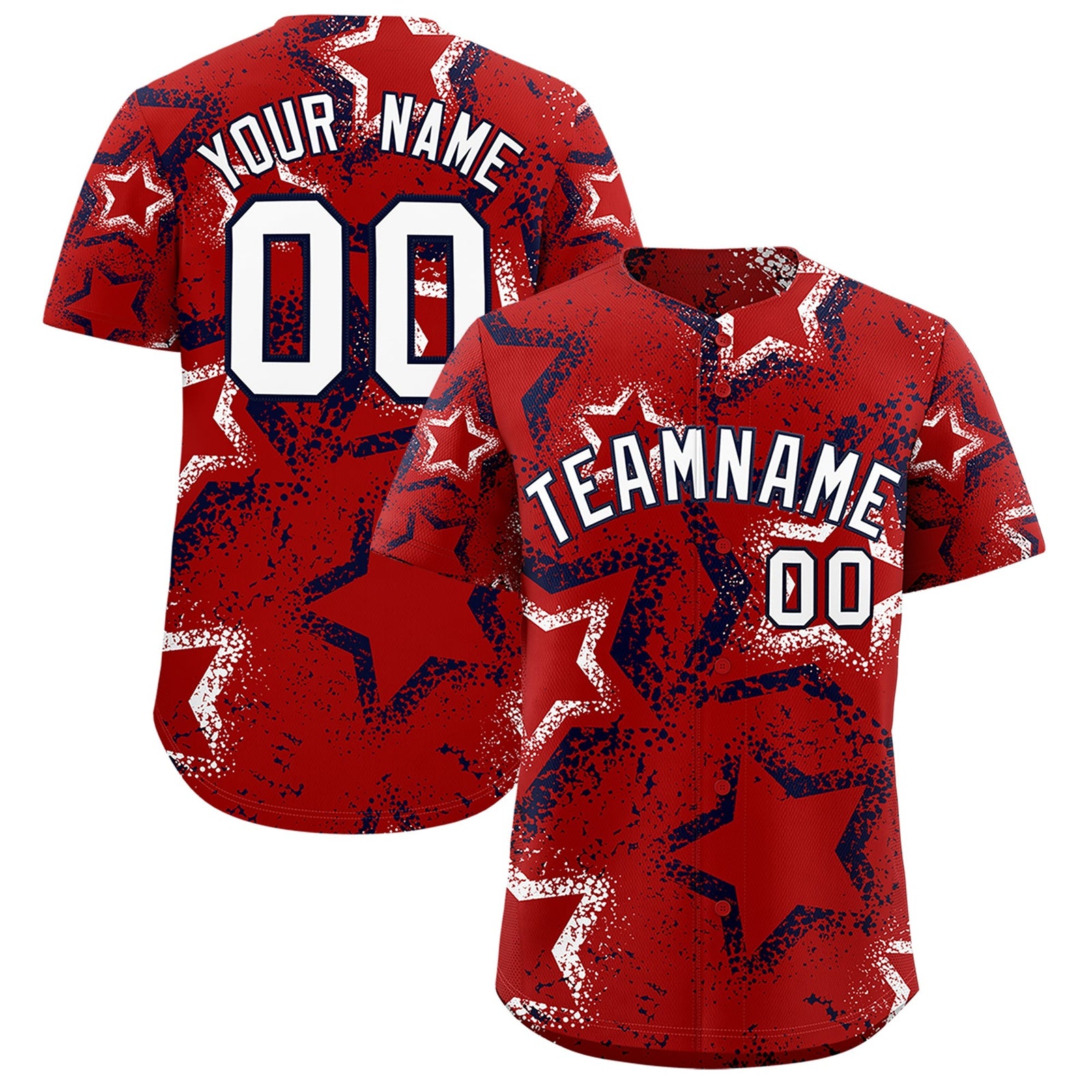Custom Red White Navy Star-Shaped Ink Texture Graffiti Pattern Baseball Jersey | Sublimation Printed & Stitched,Add Name and Numbern,Perfect for Parties,Perfect for Training | KXKSHOP