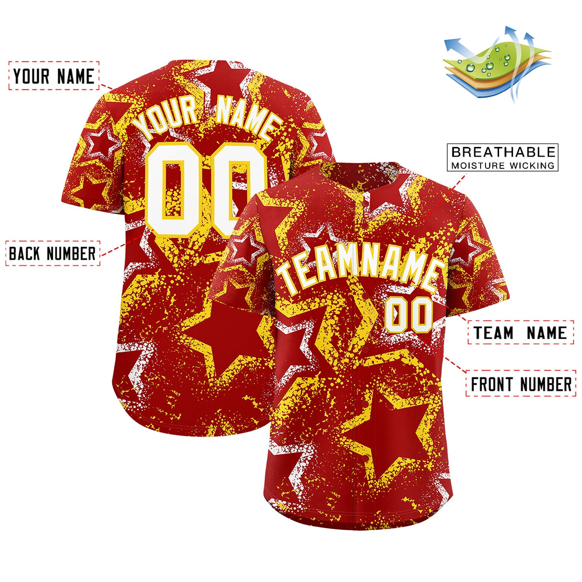 Custom Red White Gold Star-Shaped Ink Texture Graffiti Pattern Baseball Jersey | Sublimation Printed &amp; Stitched,Add Name and Numbern,Perfect for Parties,Perfect for Training | KXKSHOP