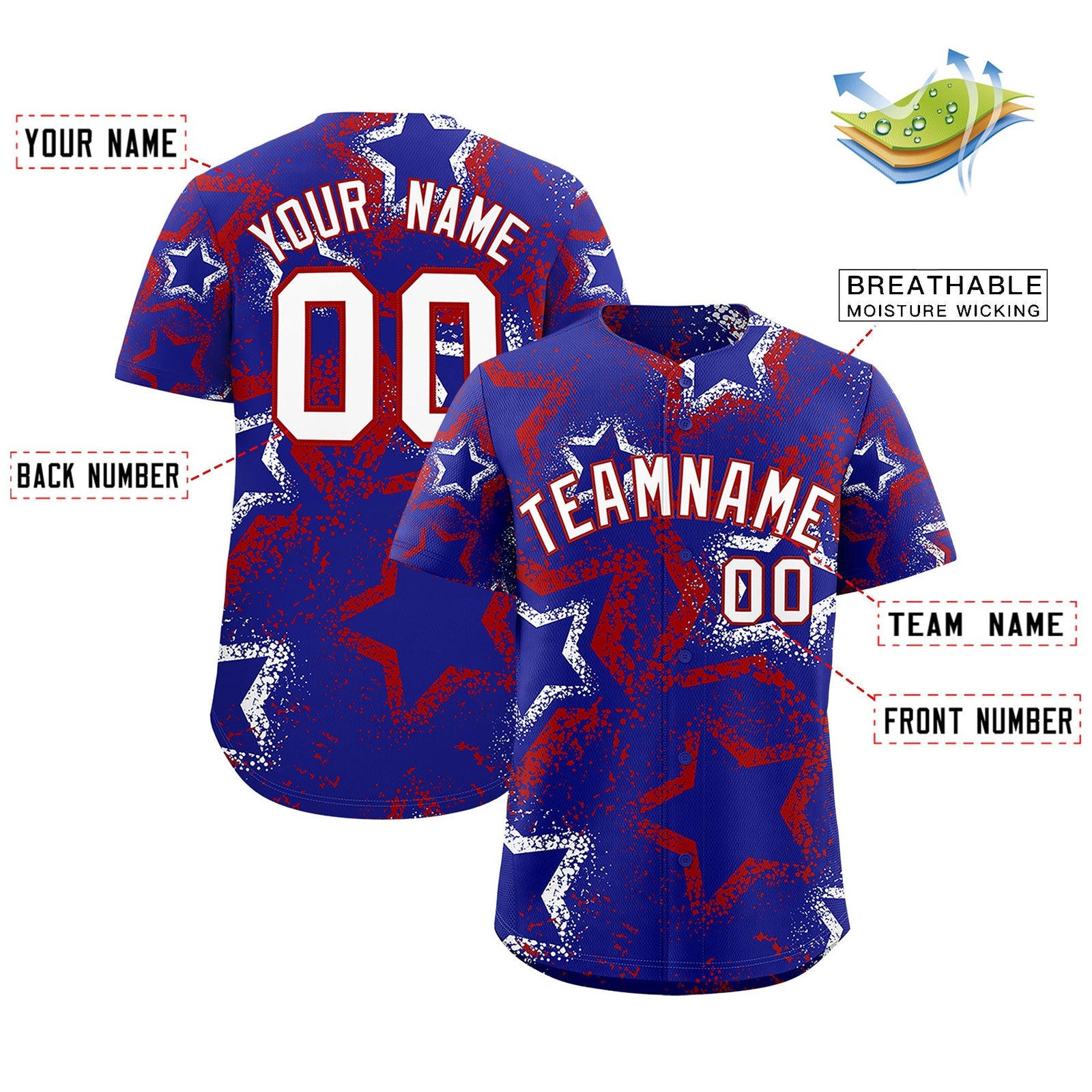 Custom Royal Blue White Red Star-Shaped Ink Texture Graffiti Pattern Baseball Jersey | Sublimation Printed & Stitched,Add Name and Numbern,Perfect for Parties,Perfect for Training | KXKSHOP