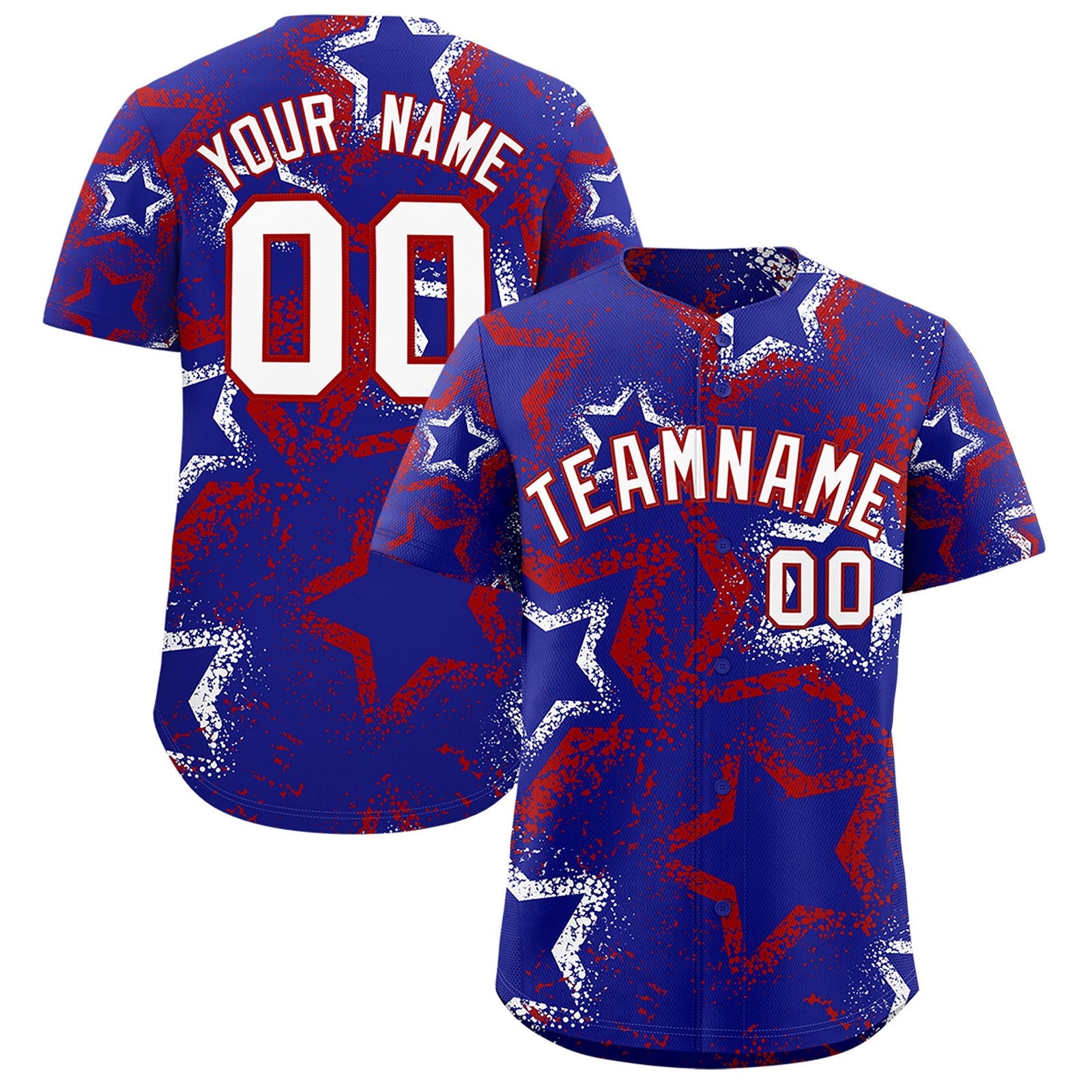 Custom Royal Blue White Red Star-Shaped Ink Texture Graffiti Pattern Baseball Jersey | Sublimation Printed & Stitched,Add Name and Numbern,Perfect for Parties,Perfect for Training | KXKSHOP
