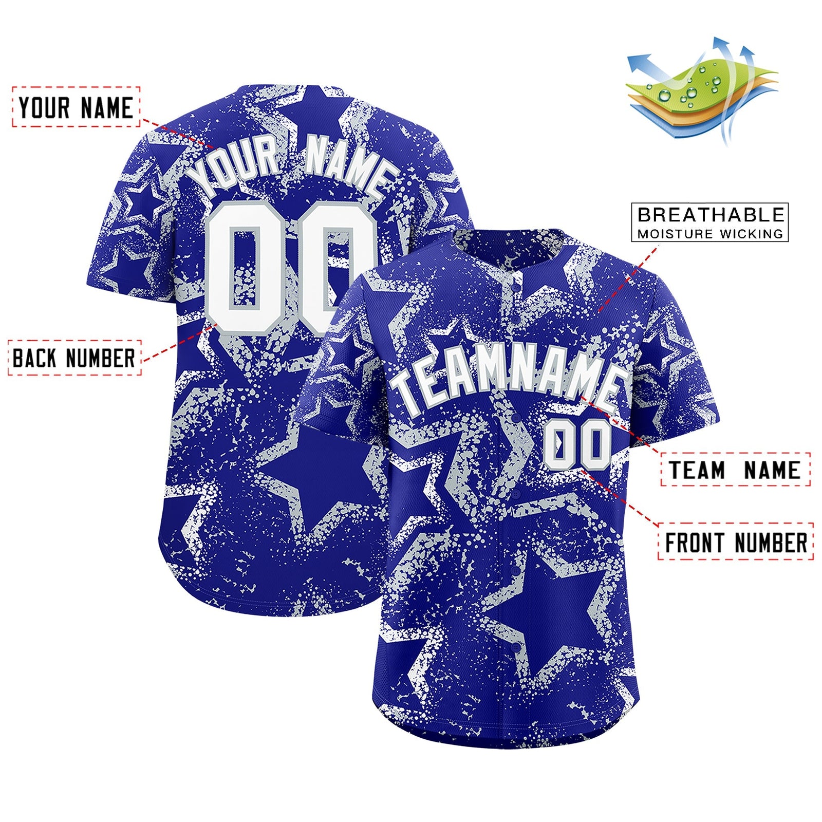 Custom Royal Blue White Silver Star-Shaped Ink Texture Graffiti Pattern Baseball Jersey | Sublimation Printed & Stitched,Add Name and Numbern,Perfect for Parties,Perfect for Training | KXKSHOP