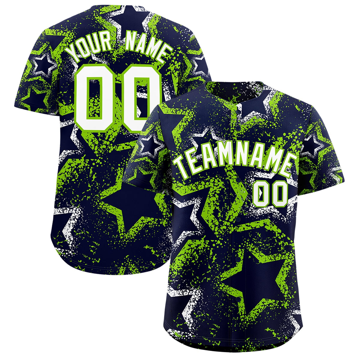 Custom Navy White Neon Green Star-Shaped Ink Texture Graffiti Pattern Baseball Jersey | Sublimation Printed &amp; Stitched,Add Name and Numbern,Perfect for Parties,Perfect for Training | KXKSHOP