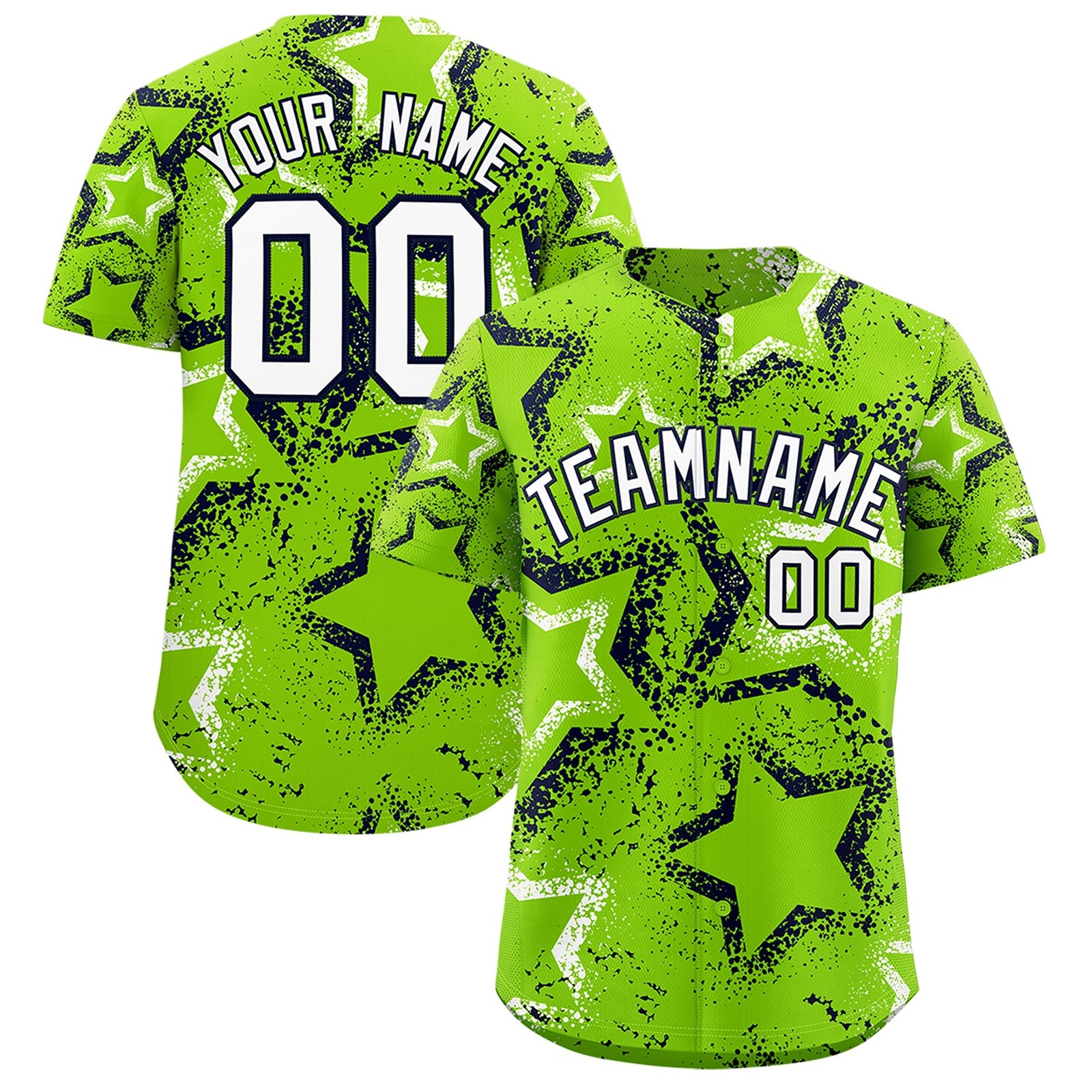 Custom Neon Green White Navy Star-Shaped Ink Texture Graffiti Pattern Baseball Jersey | Sublimation Printed & Stitched,Add Name and Numbern,Perfect for Parties,Perfect for Training | KXKSHOP