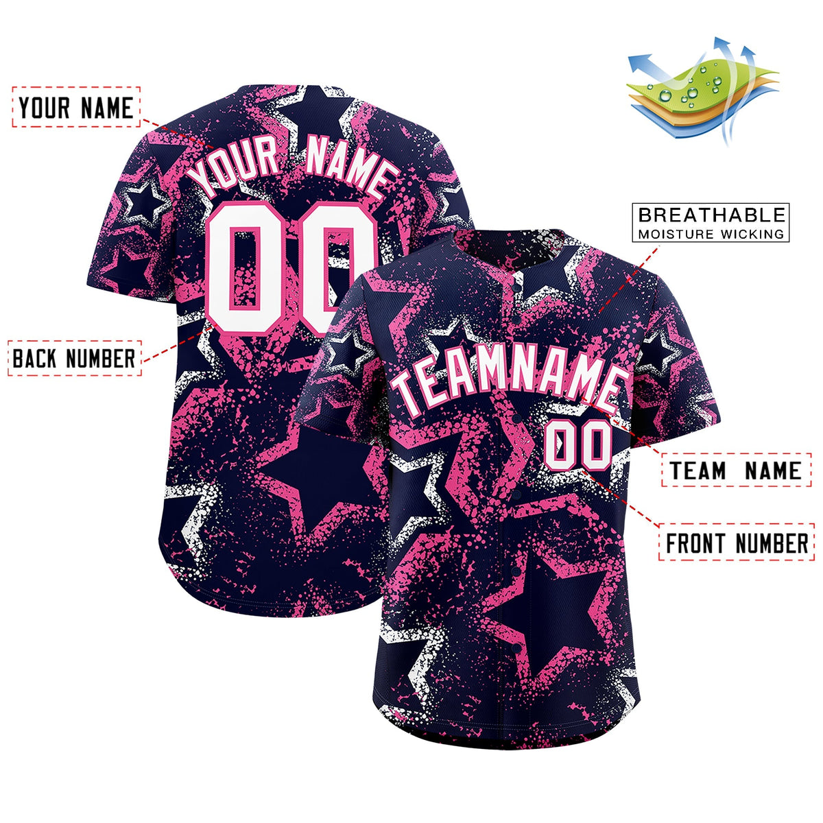 Custom Navy White Pink Star-Shaped Ink Texture Graffiti Pattern Baseball Jersey | Sublimation Printed &amp; Stitched,Add Name and Numbern,Perfect for Parties,Perfect for Training | KXKSHOP