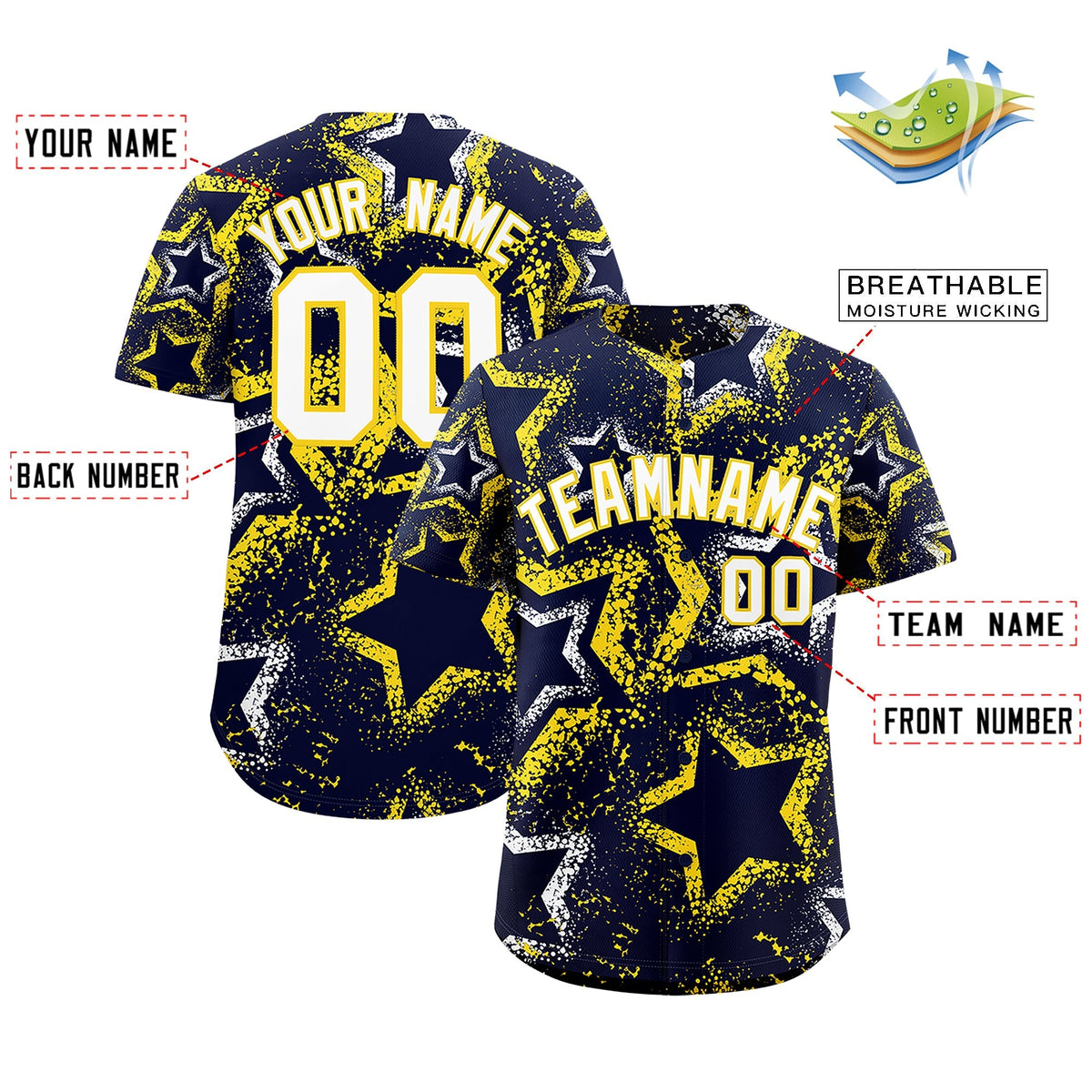 Custom Navy White Gold Star-Shaped Ink Texture Graffiti Pattern Baseball Jersey | Sublimation Printed &amp; Stitched,Add Name and Numbern,Perfect for Parties,Perfect for Training | KXKSHOP