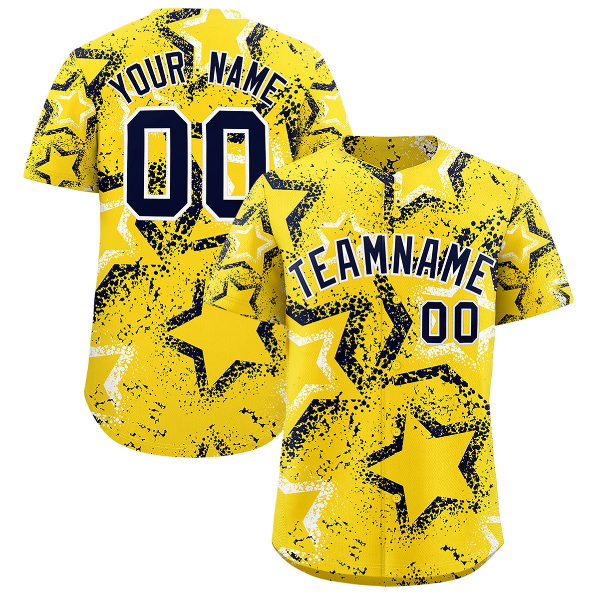 Custom Gold White Navy Star-Shaped Ink Texture Graffiti Pattern Baseball Jersey | Sublimation Printed &amp; Stitched,Add Name and Numbern,Perfect for Parties,Perfect for Training | KXKSHOP