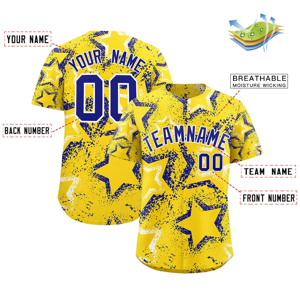 Custom Gold White Royal Blue Star-Shaped Ink Texture Graffiti Pattern Baseball Jersey | Sublimation Printed &amp; Stitched,Add Name and Numbern,Perfect for Parties,Perfect for Training | KXKSHOP