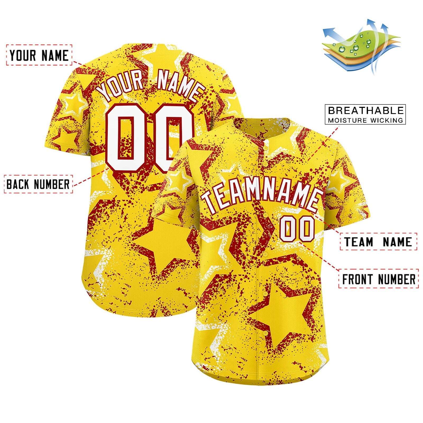 Custom Gold White Red Star-Shaped Ink Texture Graffiti Pattern Baseball Jersey | Sublimation Printed & Stitched,Add Name and Numbern,Perfect for Parties,Perfect for Training | KXKSHOP
